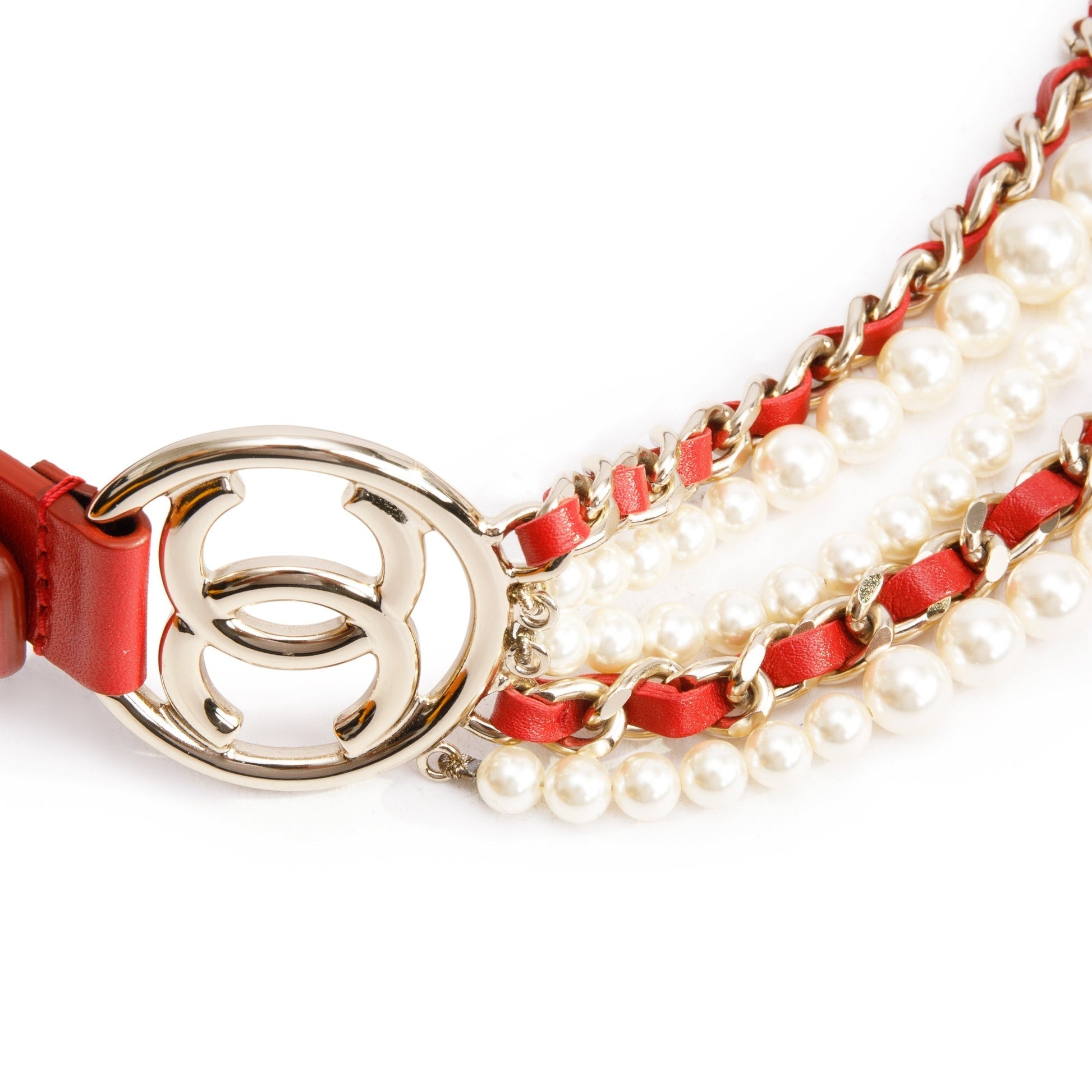 Chanel CC Pearl Belt 75 30 Leather Calfskin Red