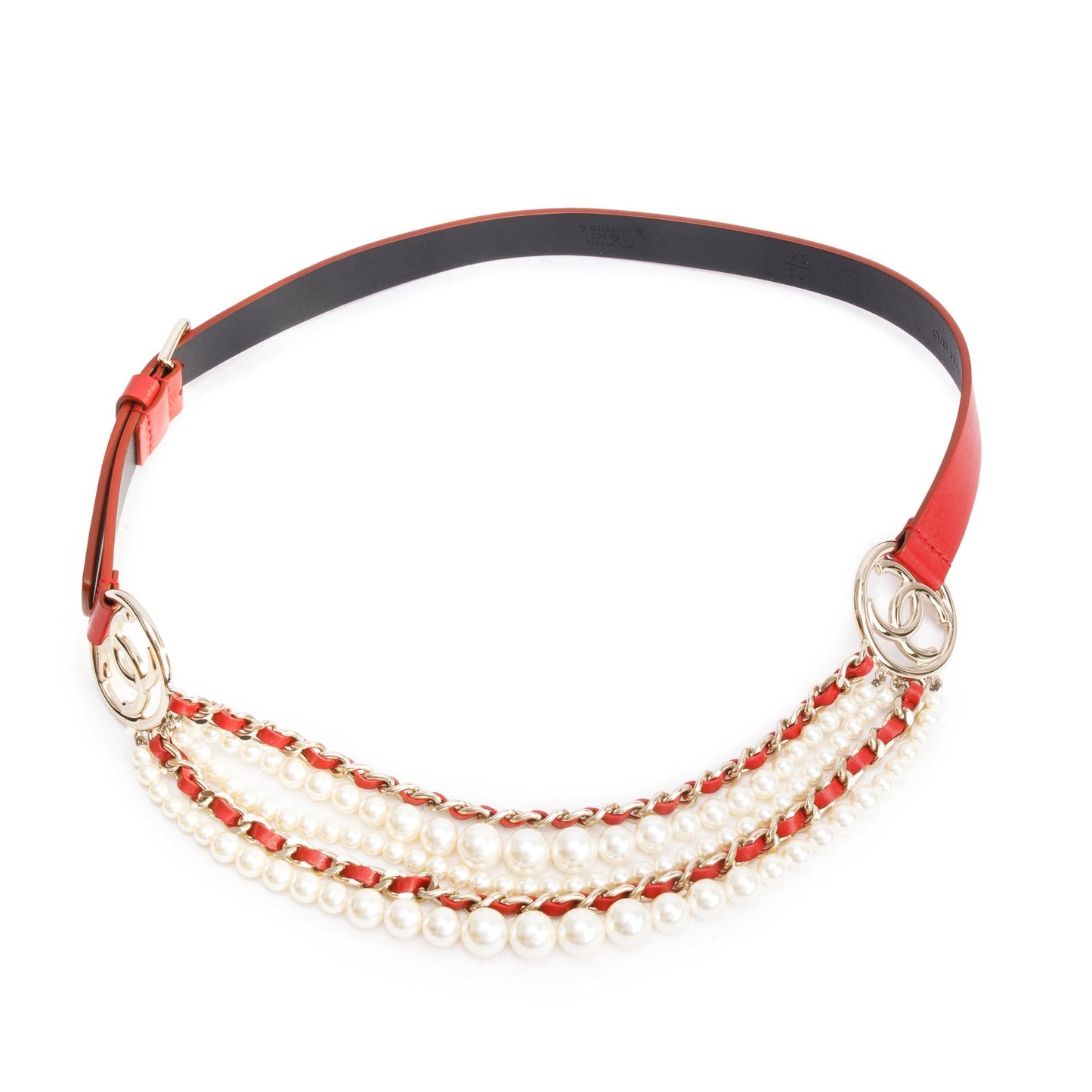 Chanel CC Pearl Belt 75 30 Leather Calfskin Red