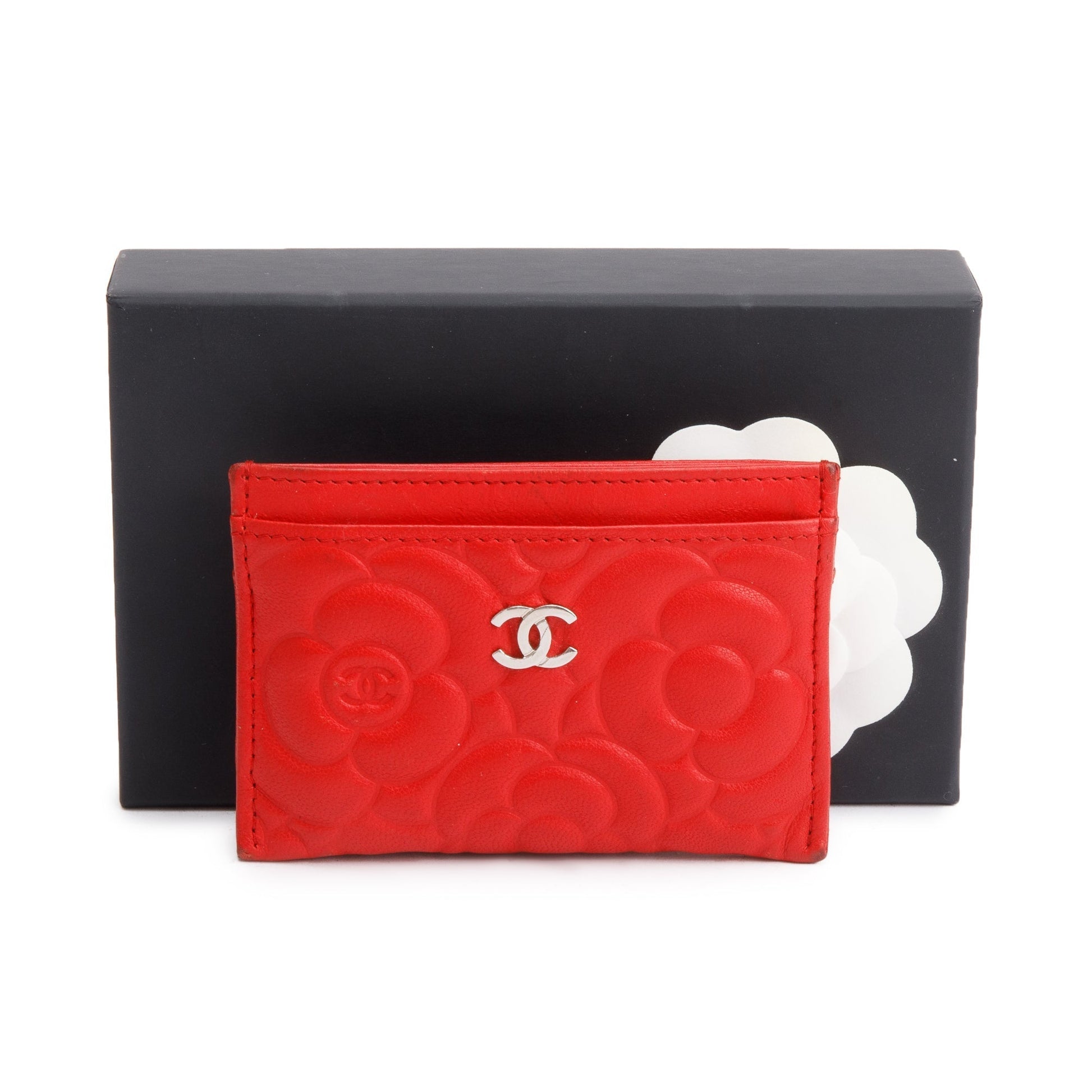 Chanel Camellia Embossed Classic Card Holder Leather Lambskin Red Wallet Case