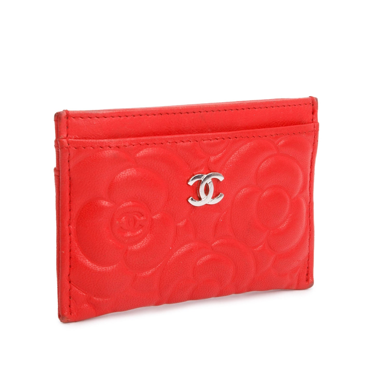 Chanel Camellia Embossed Classic Card Holder Leather Lambskin Red Wallet Case