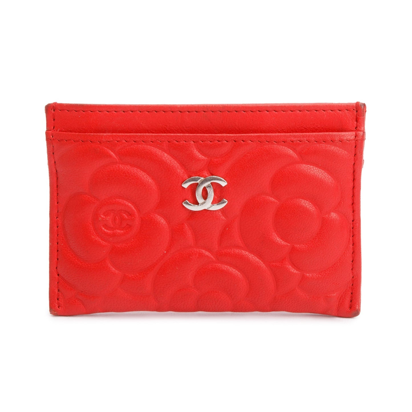 Chanel Camellia Embossed Classic Card Holder Leather Lambskin Red Wallet Case