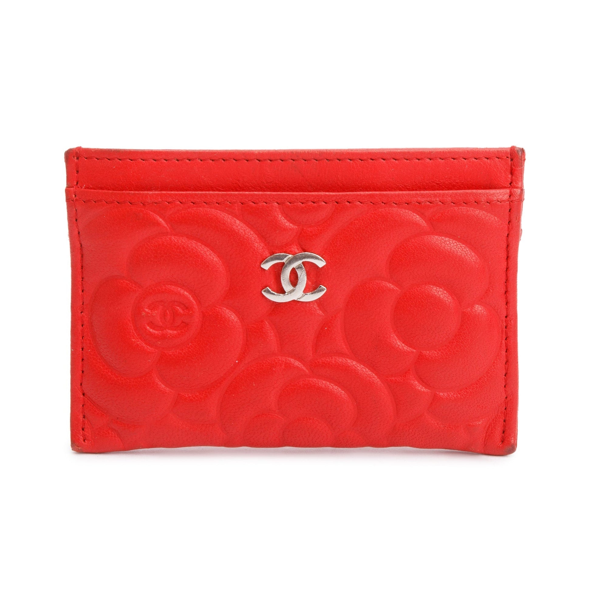 Chanel Camellia Embossed Classic Card Holder Leather Lambskin Red Wallet Case