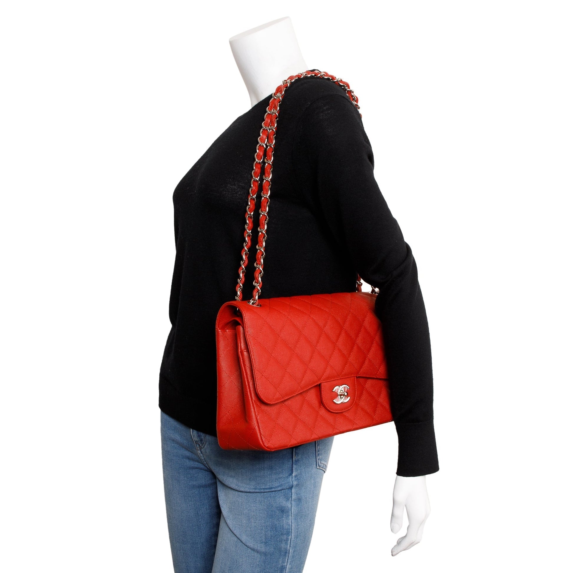 Chanel Caviar Classic Jumbo Double Flap Red Travel Bag
