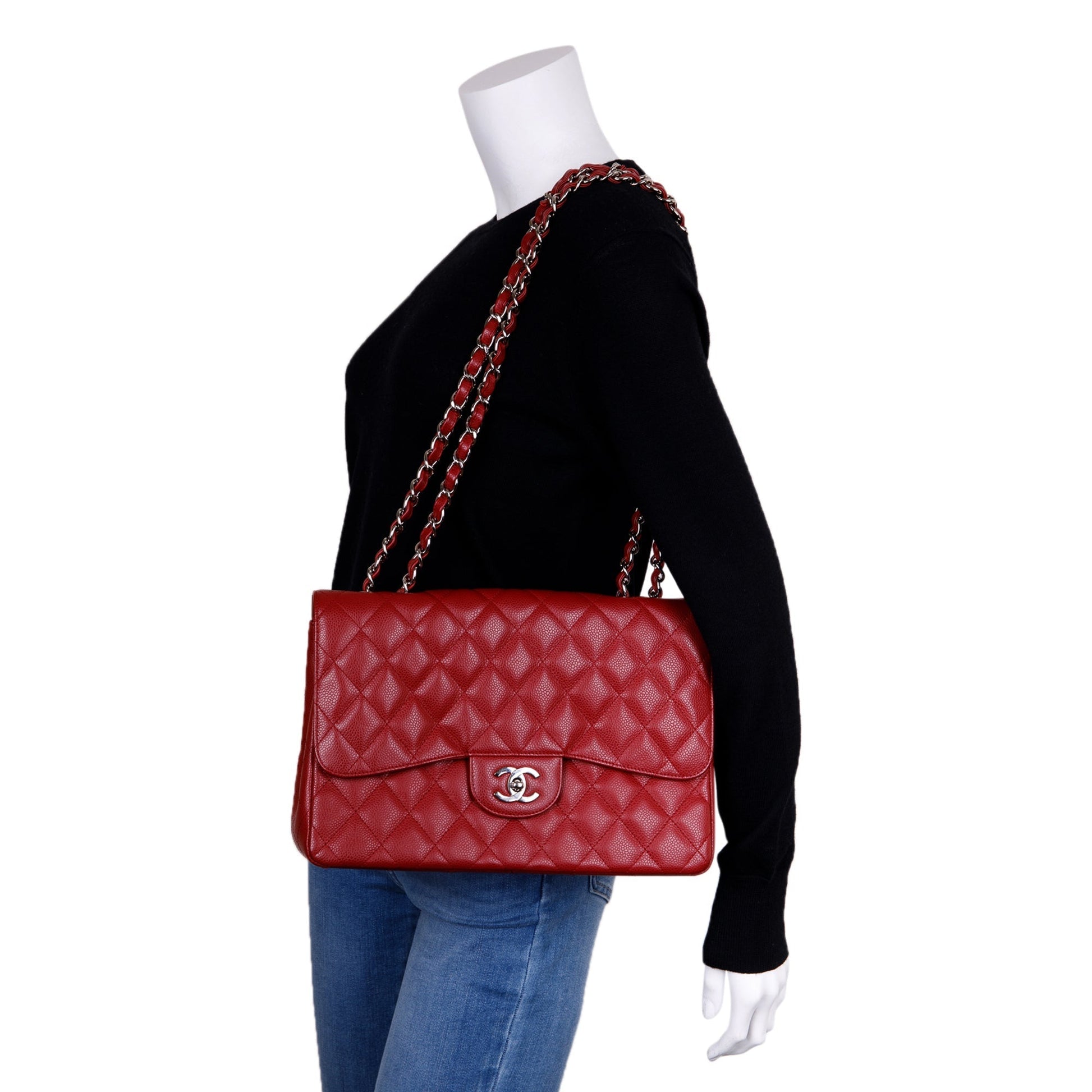 Chanel Caviar Classic Jumbo Single Flap Red Travel Bag