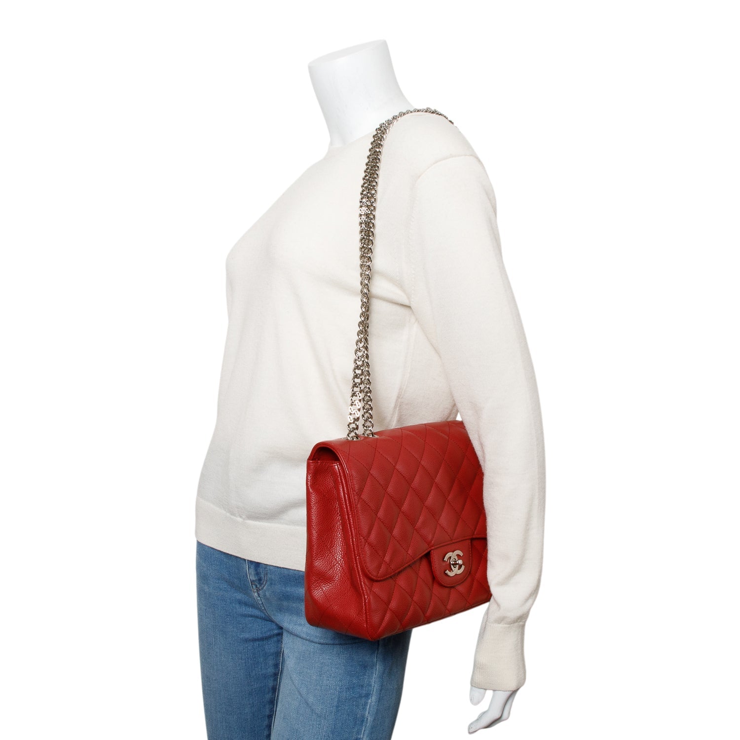 Chanel Caviar Classic Jumbo Single Flap Red Travel Bag Authenticity Card