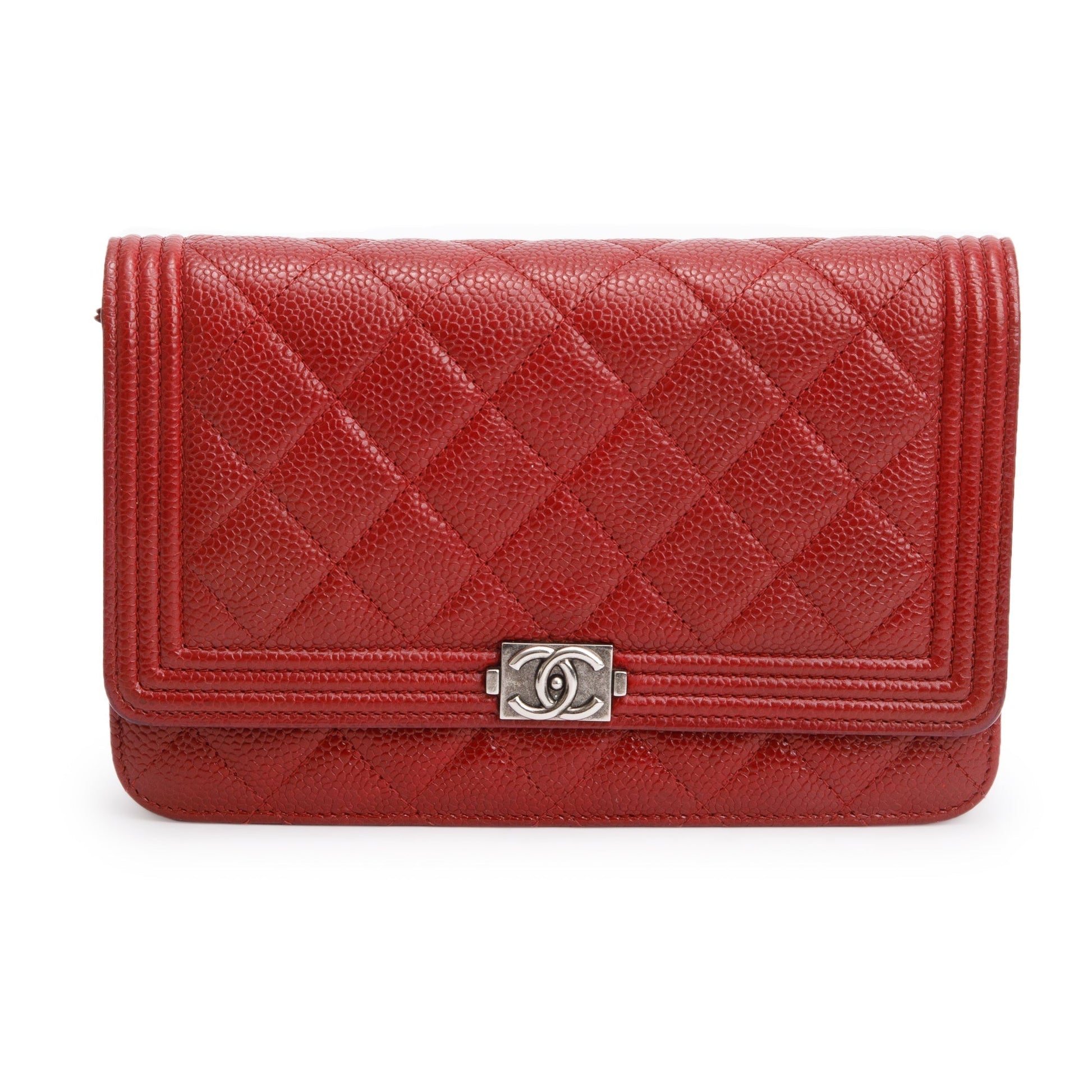 Chanel Caviar Boy on Leather Red Wallet Case On Chain