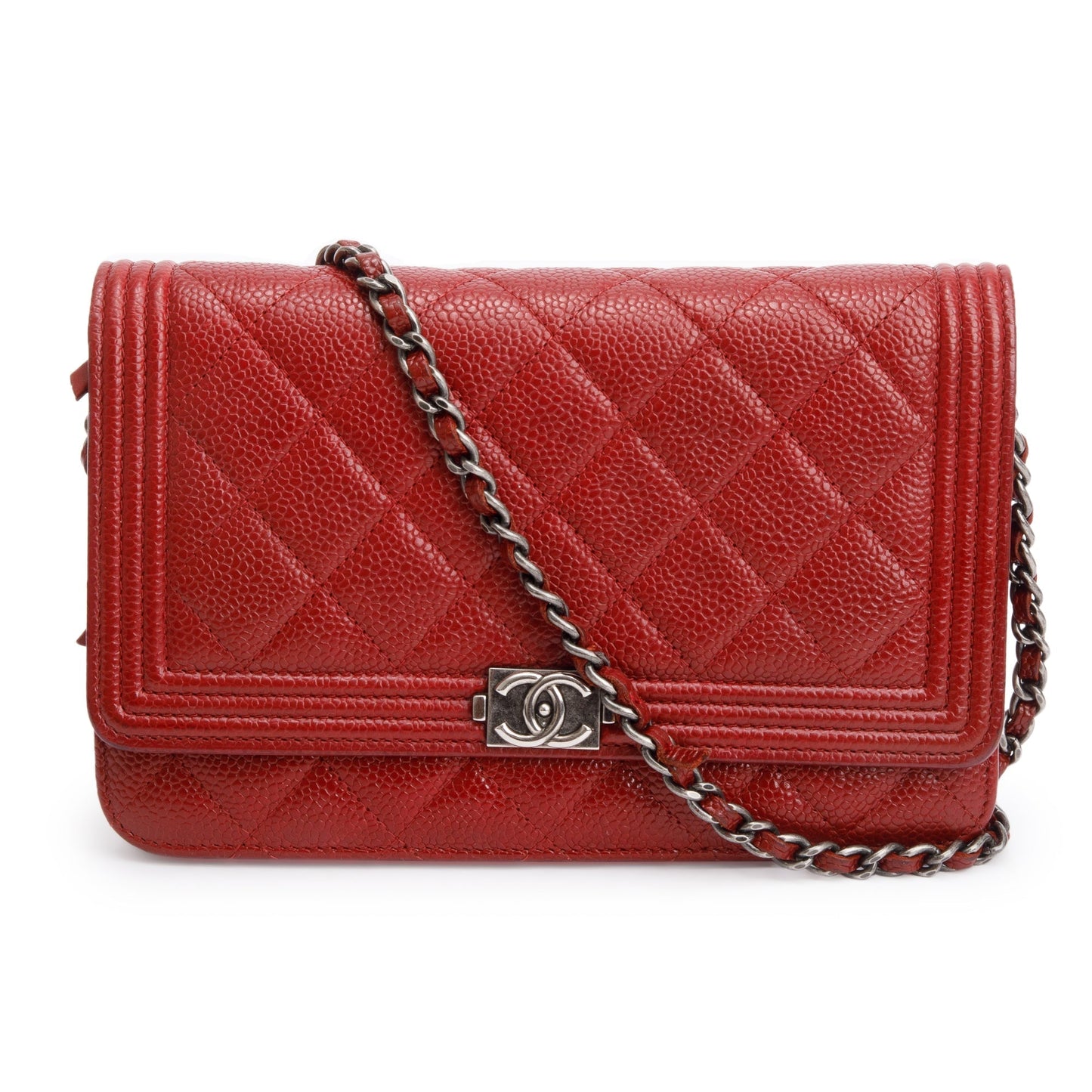 Chanel Caviar Boy on Leather Red Wallet Case On Chain