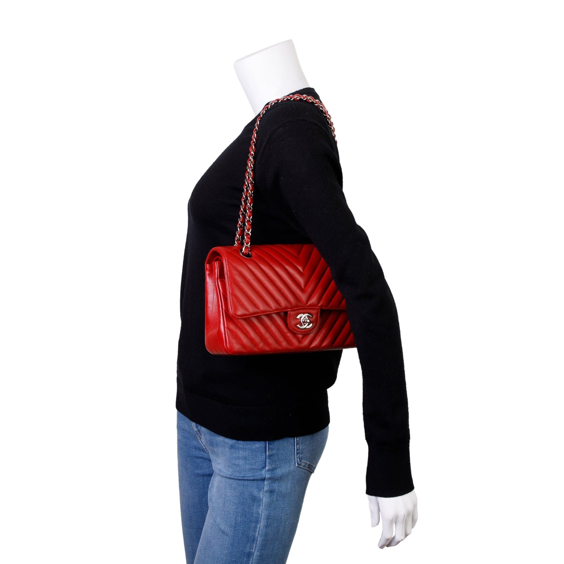 Chanel Chevron Classic Double Flap Leather Calfskin Red Travel Bag