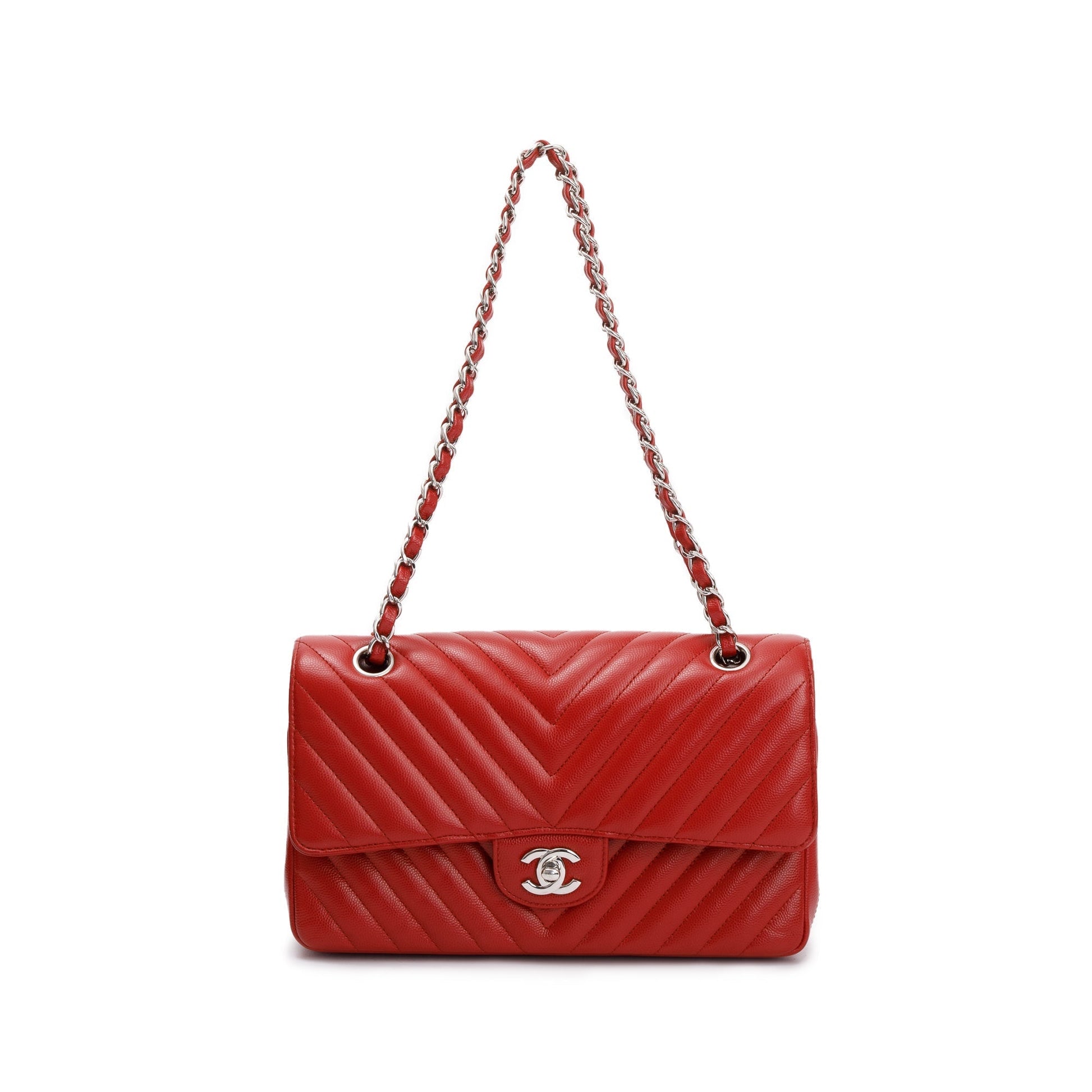 Chanel Chevron Classic Double Flap Leather Calfskin Red Travel Bag