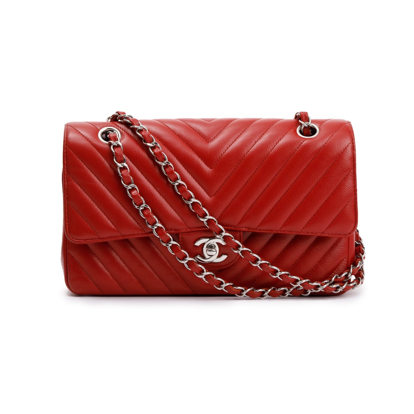 Chanel Chevron Classic Double Flap Leather Calfskin Red Travel Bag