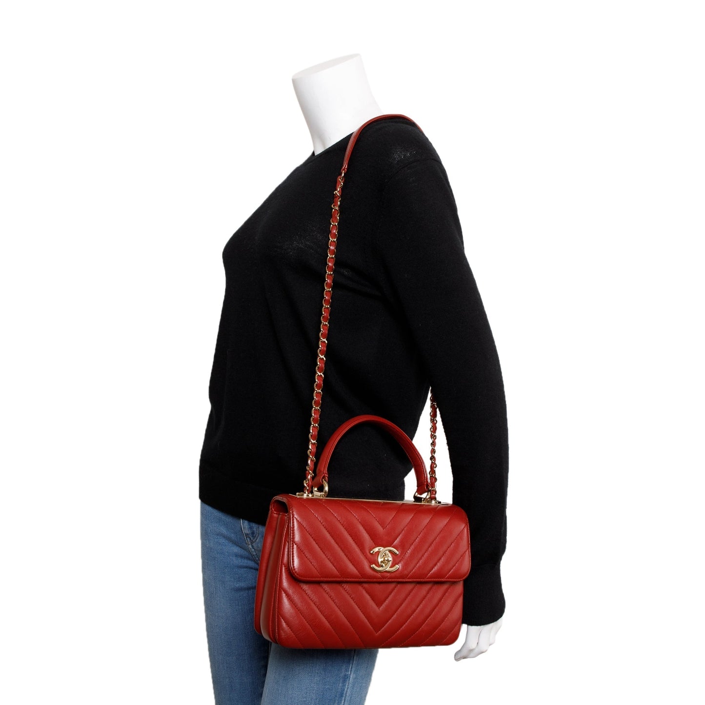 Chanel Chevron Trendy CC Top Handle Lambskin Red Travel Bag