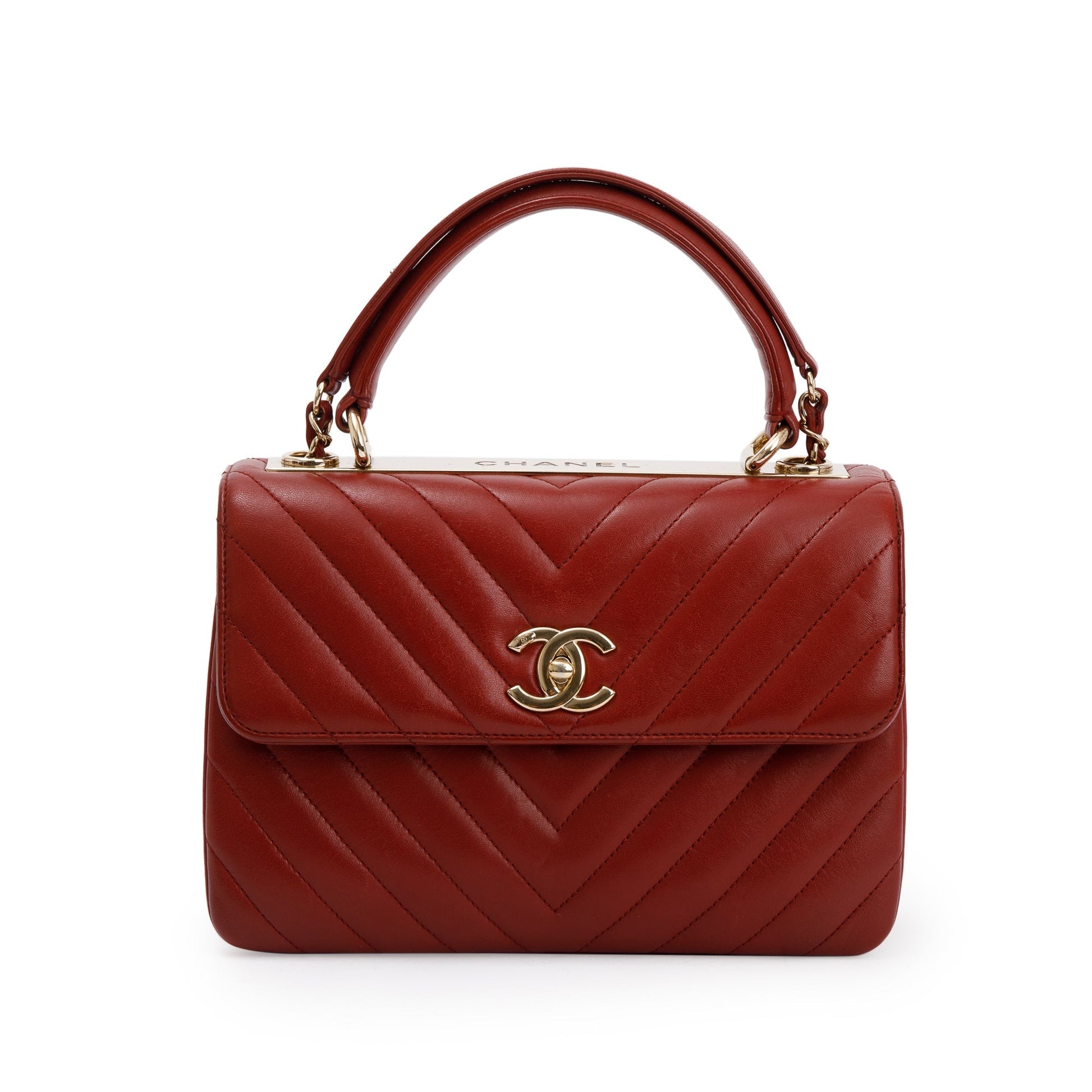 Chanel Chevron Trendy CC Top Handle Lambskin Red Travel Bag