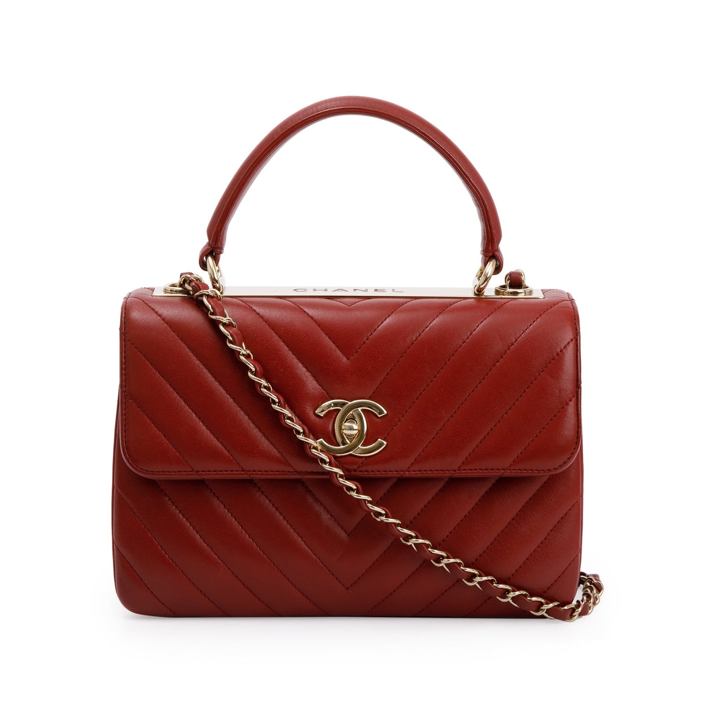 Chanel Chevron Trendy CC Top Handle Lambskin Red Travel Bag