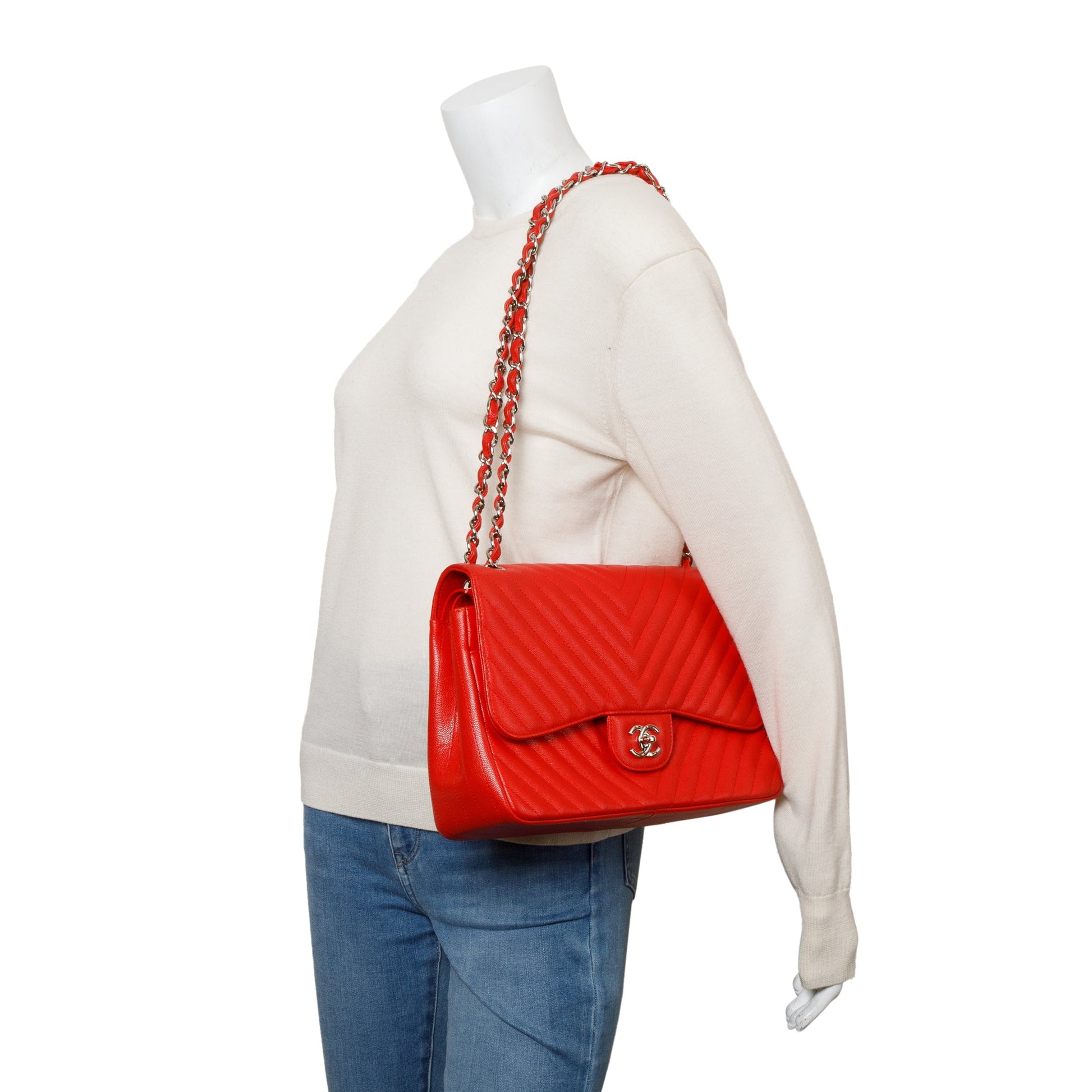 Chanel Quilted Caviar Chevron Jumbo Double Leather Red Travel Bag Authenticity Card