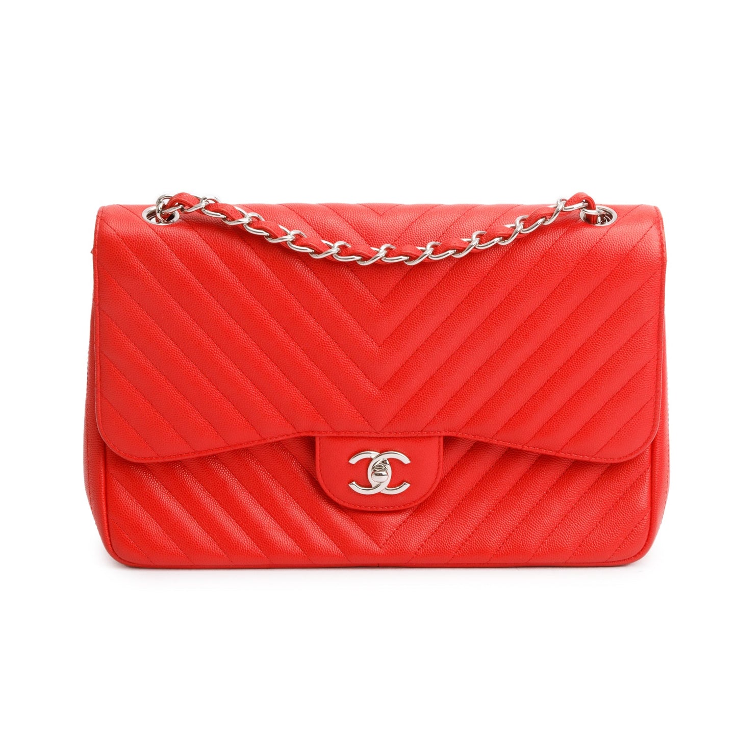 Chanel Quilted Caviar Chevron Jumbo Double Leather Red Travel Bag Authenticity Card