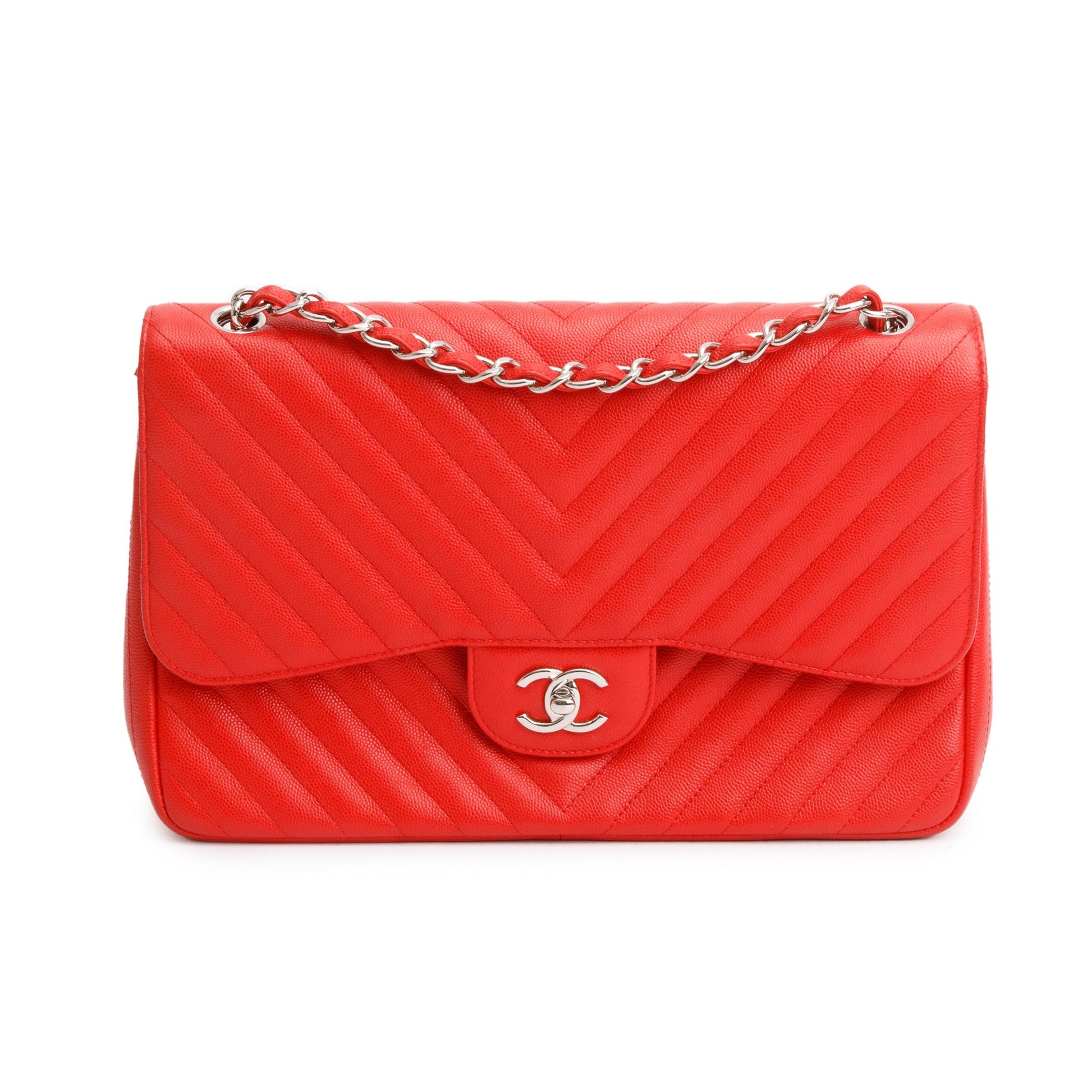 Chanel Quilted Caviar Chevron Jumbo Double Leather Red Travel Bag Authenticity Card