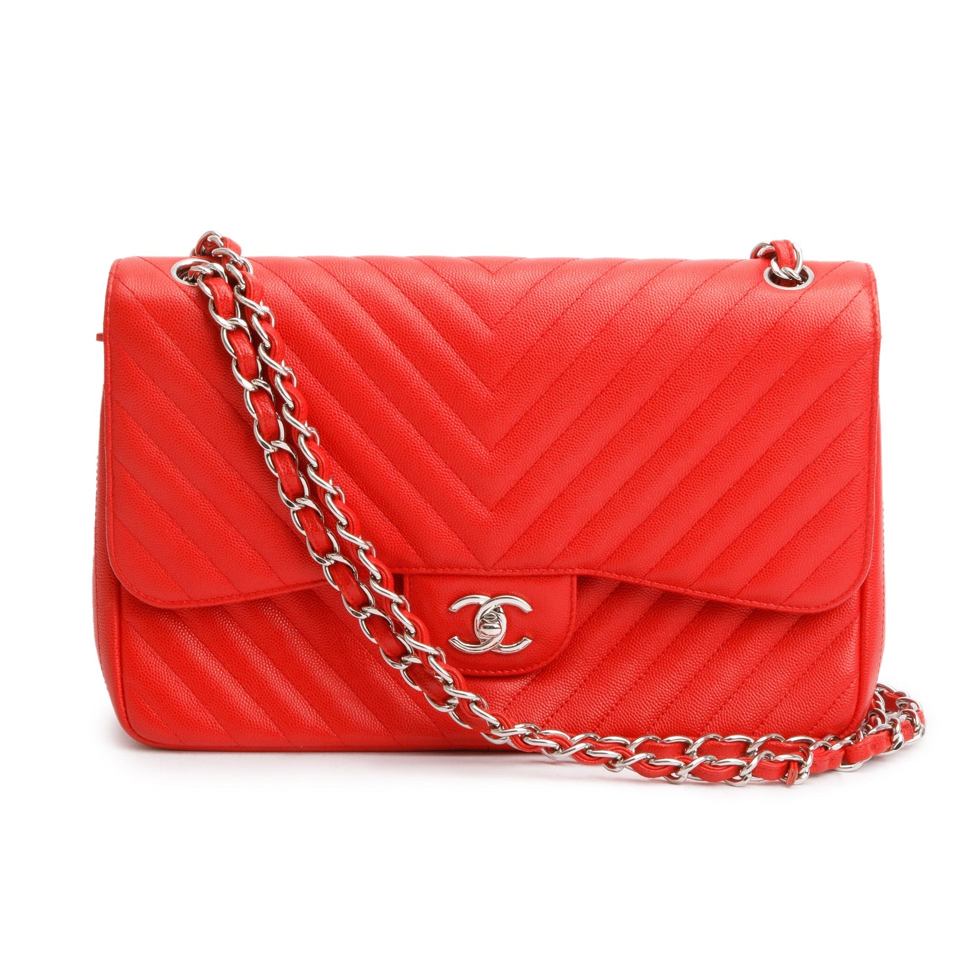 Chanel Quilted Caviar Chevron Jumbo Double Leather Red Travel Bag Authenticity Card