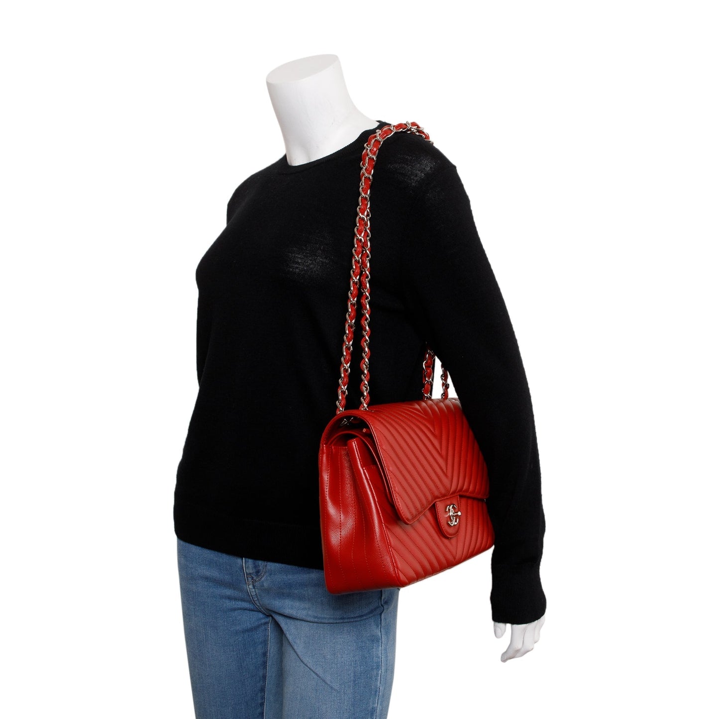 Chanel Quilted Caviar Chevron Jumbo Double Leather Red Travel Bag