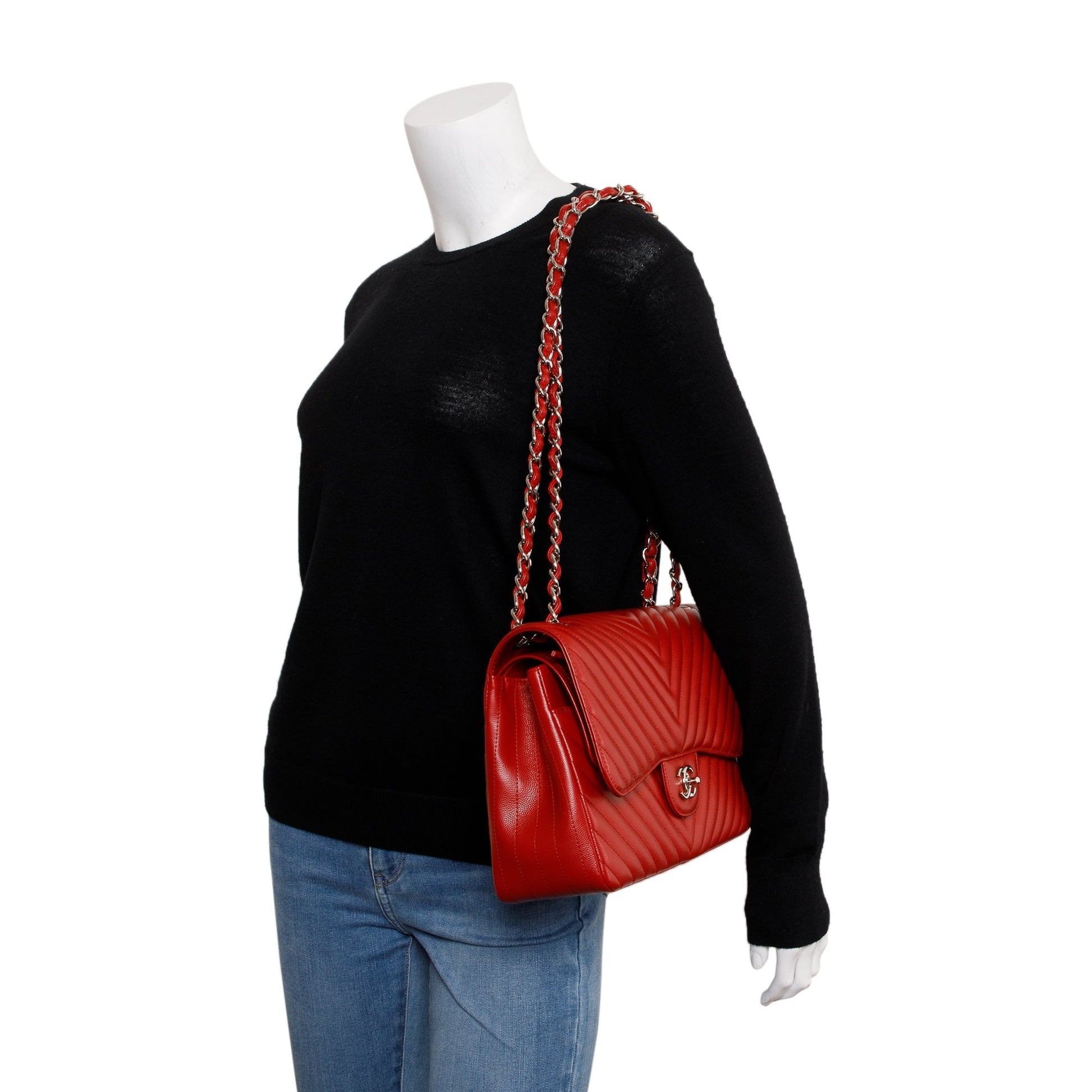 Chanel Quilted Caviar Chevron Jumbo Double Leather Red Travel Bag
