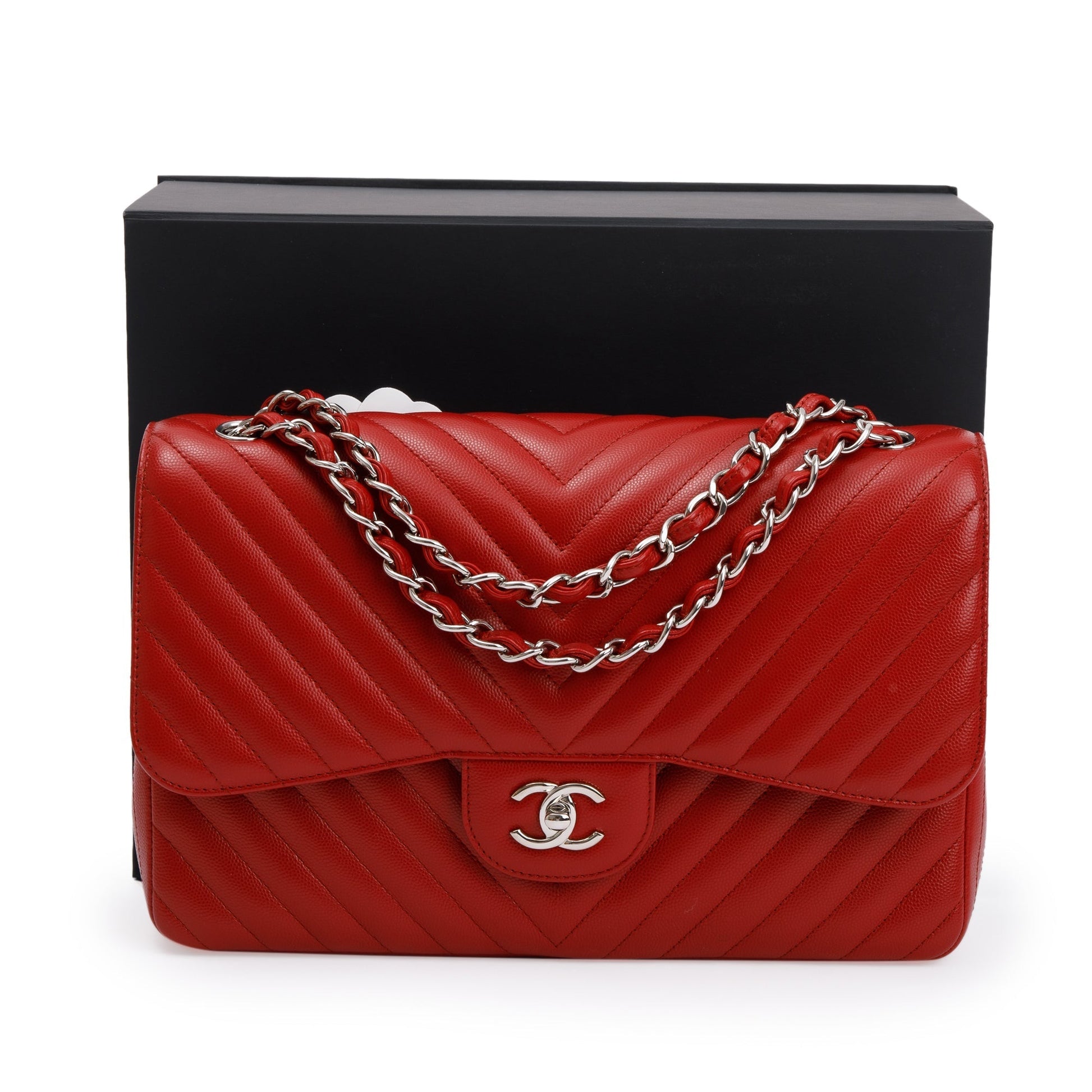 Chanel Quilted Caviar Chevron Jumbo Double Leather Red Travel Bag