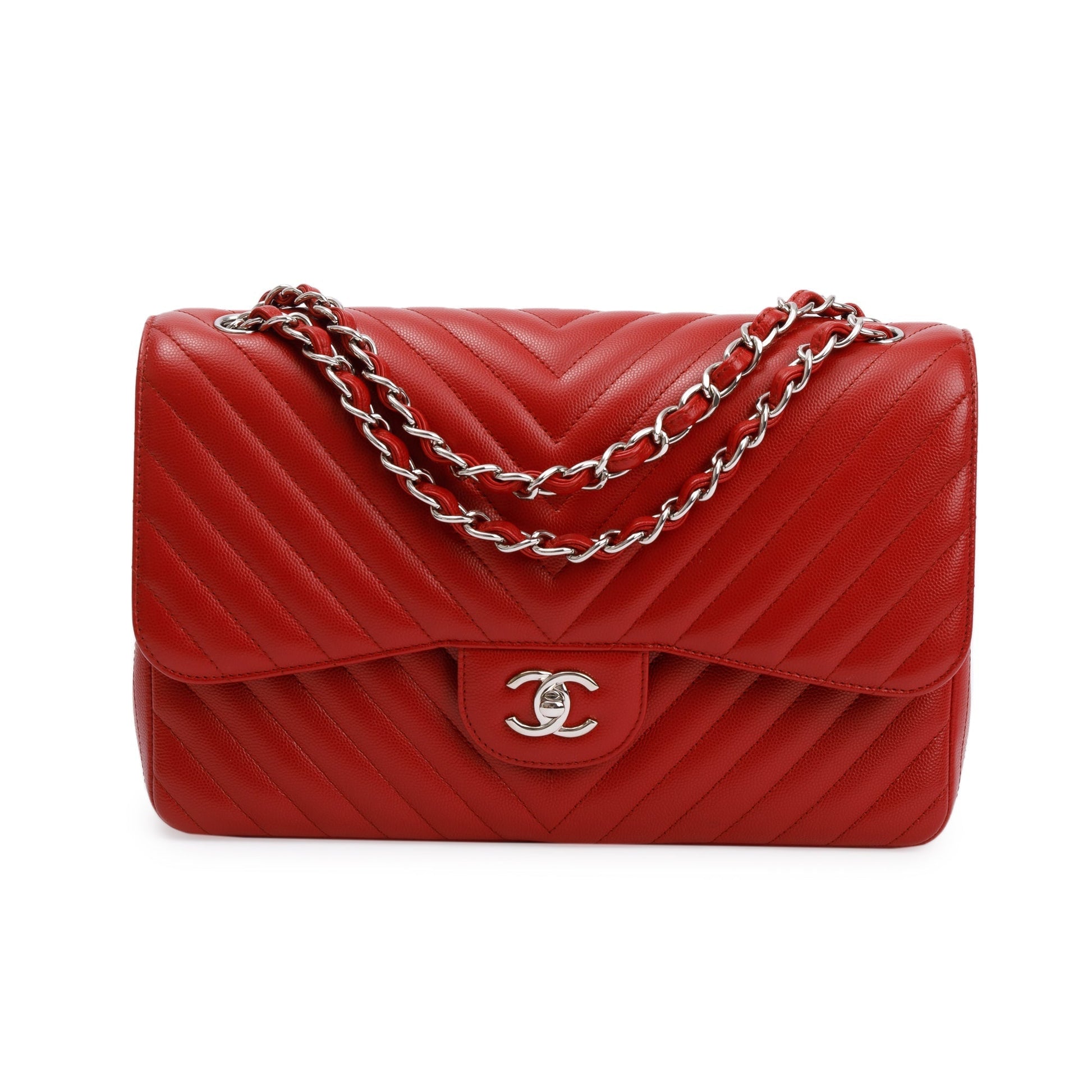 Chanel Quilted Caviar Chevron Jumbo Double Leather Red Travel Bag