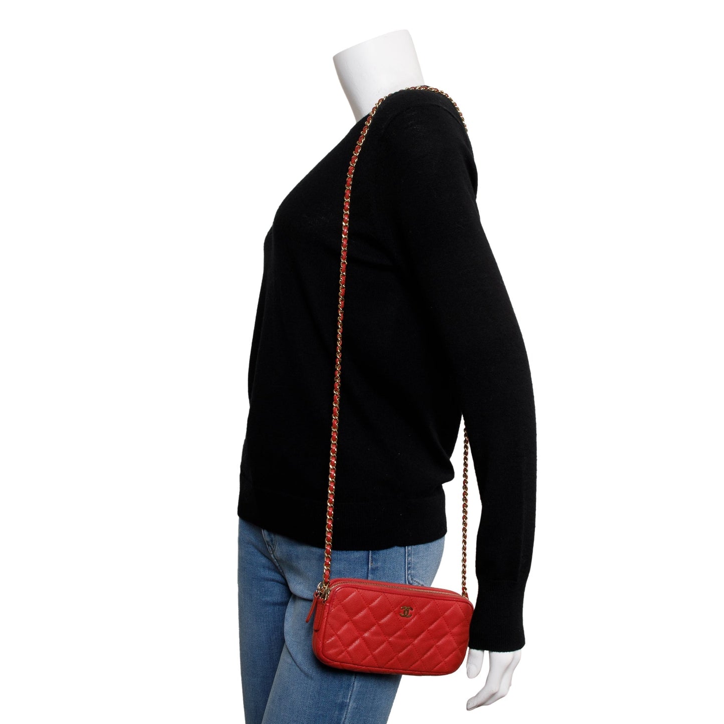 Chanel Quilted Caviar Classic Double Zip Leather Red Wallet Case