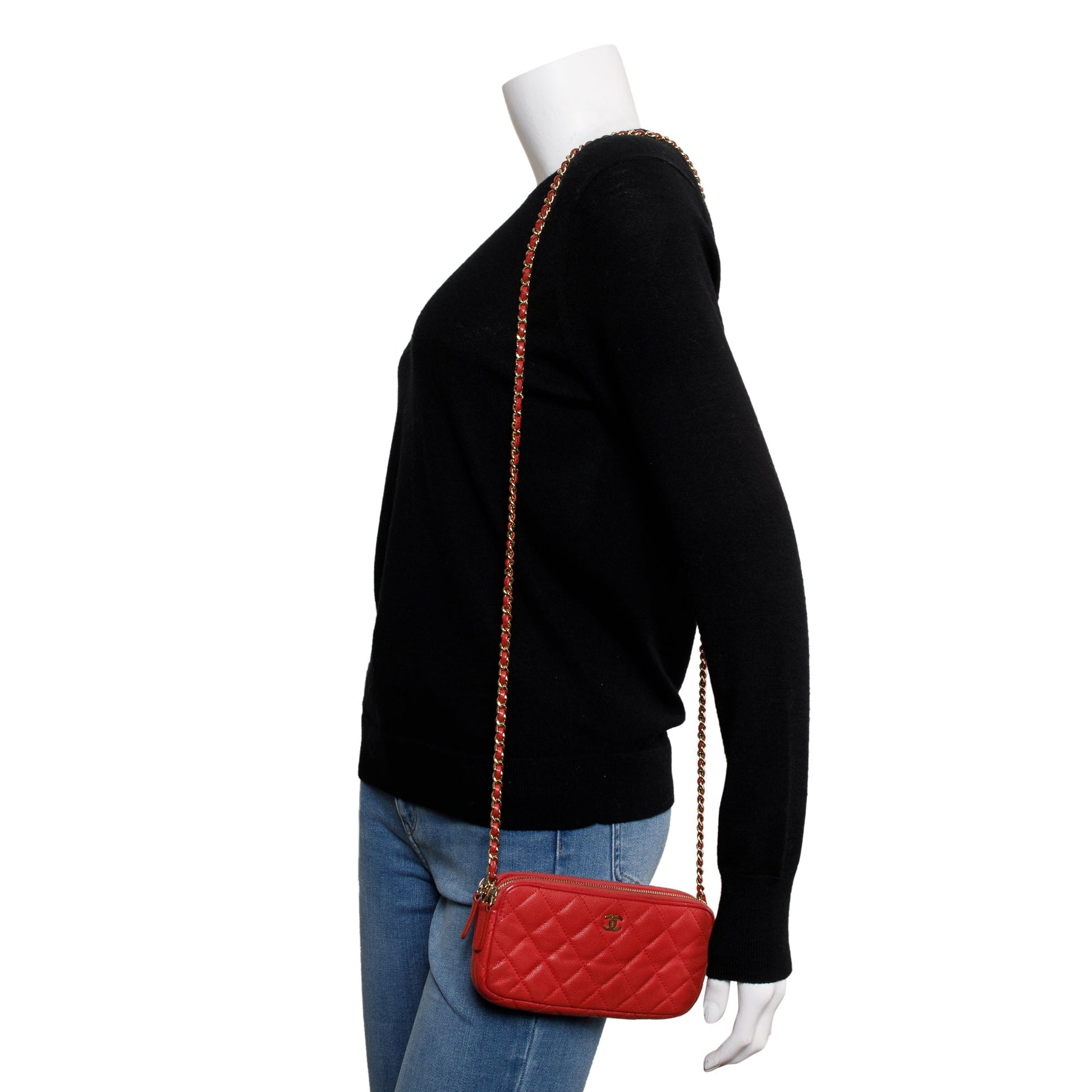 Chanel Quilted Caviar Classic Double Zip Leather Red Wallet Case