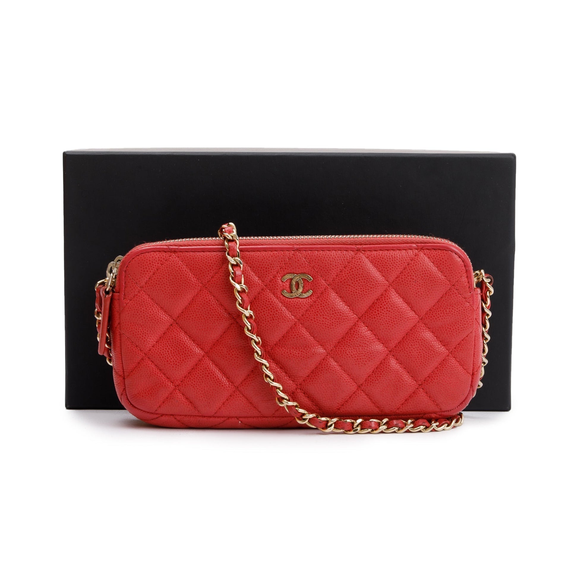 Chanel Quilted Caviar Classic Double Zip Leather Red Wallet Case