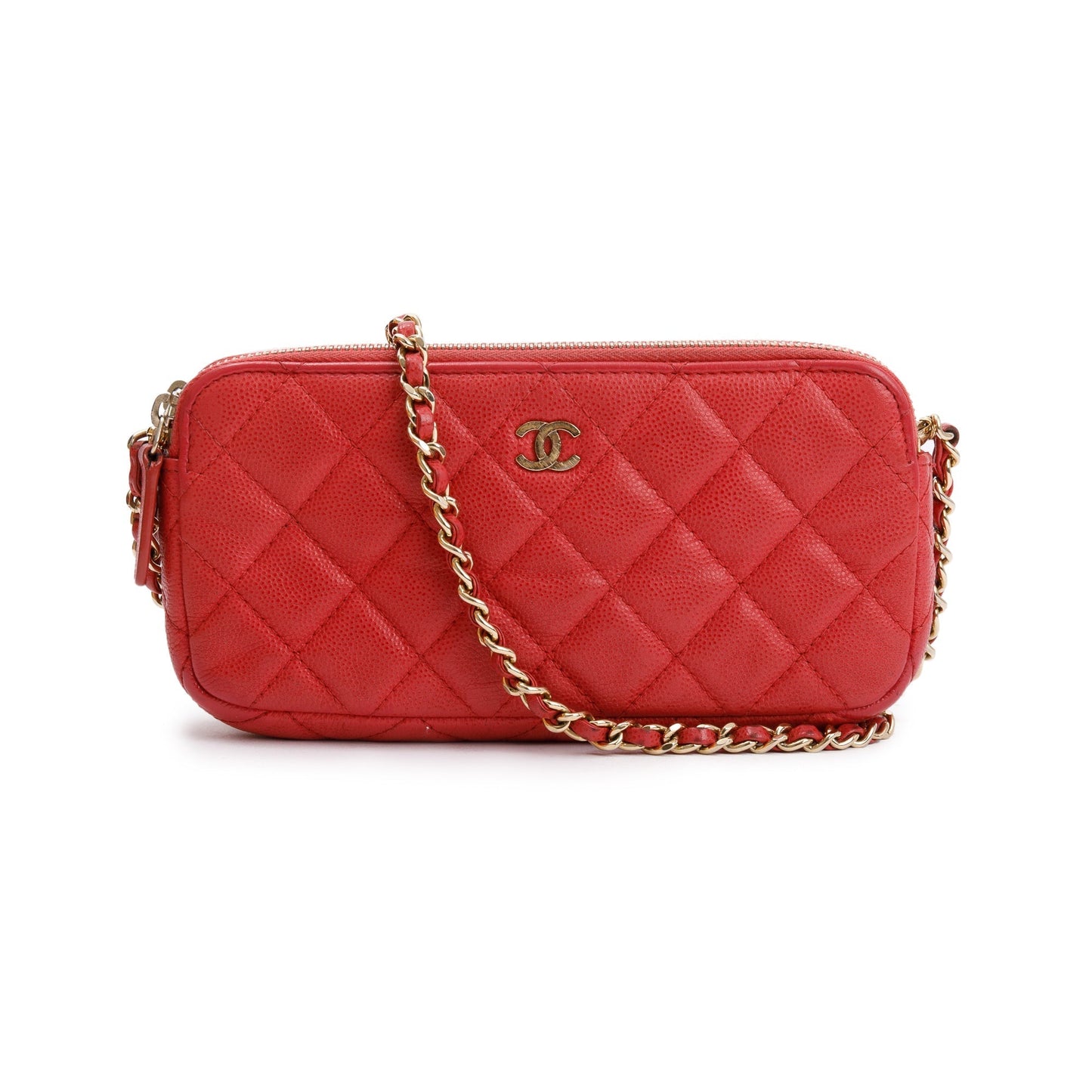 Chanel Quilted Caviar Classic Double Zip Leather Red Wallet Case