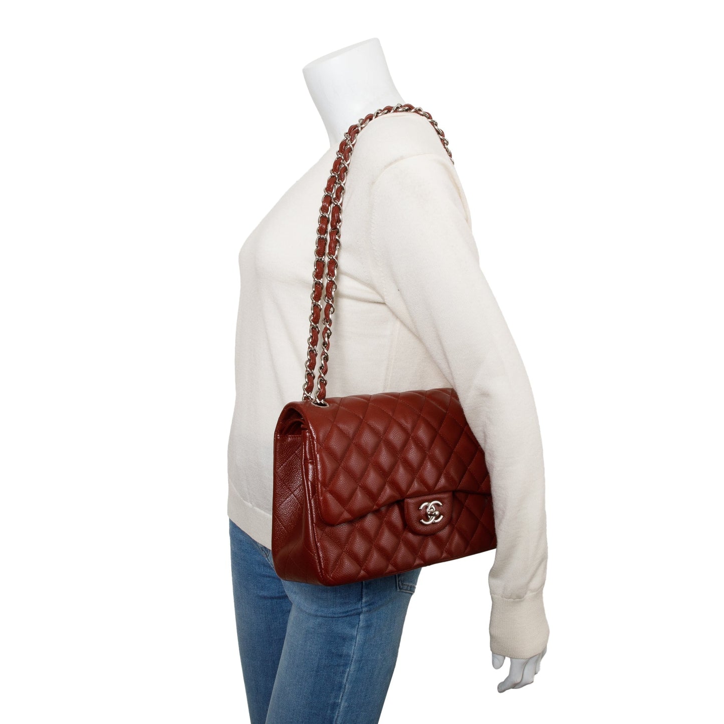 Chanel Quilted Caviar Classic Jumbo Double Leather Red Travel Bag