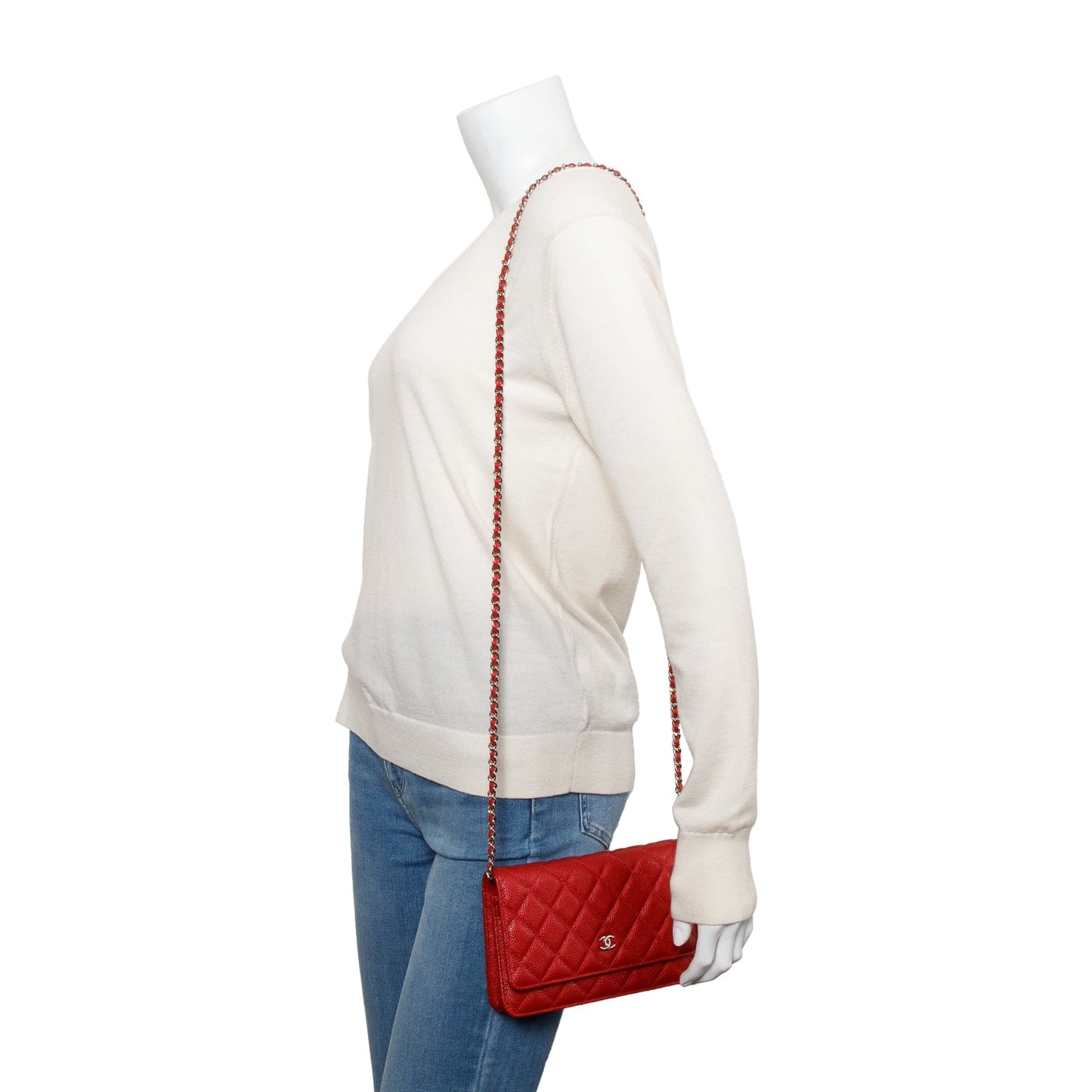Chanel Quilted Caviar Classic on Leather Red Wallet Case