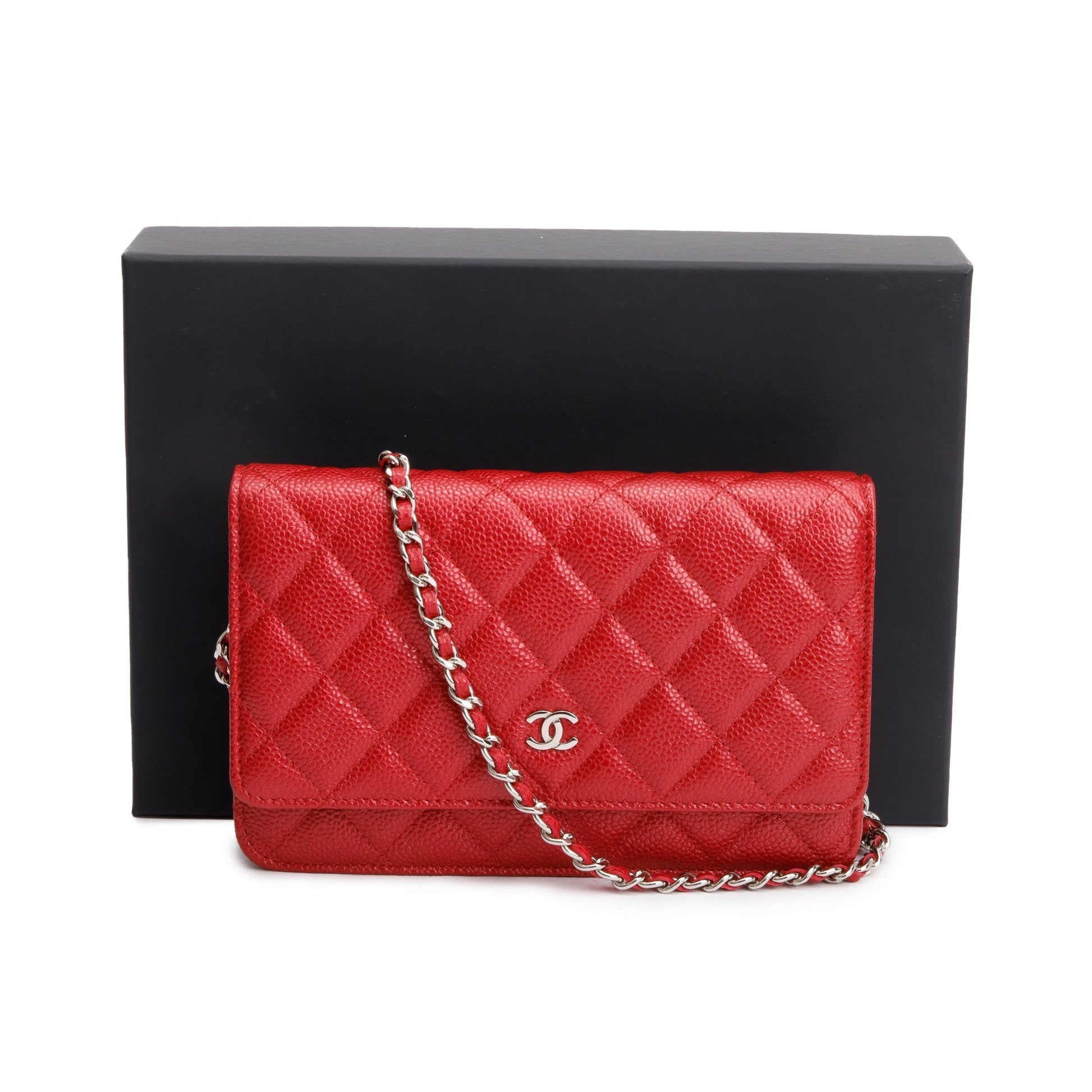 Chanel Quilted Caviar Classic on Leather Red Wallet Case