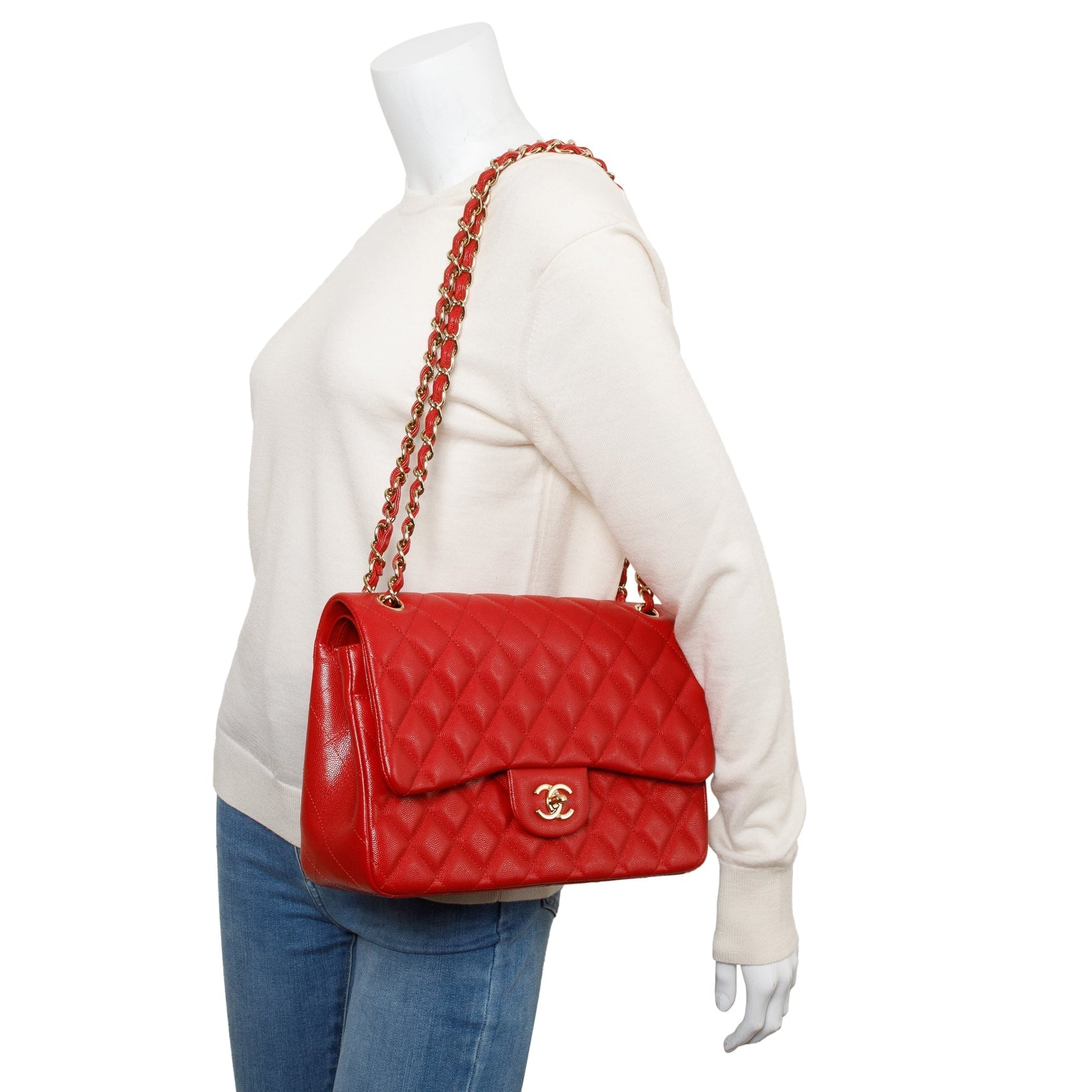 Chanel Quilted Caviar Jumbo Double Flap Leather Red Travel Bag