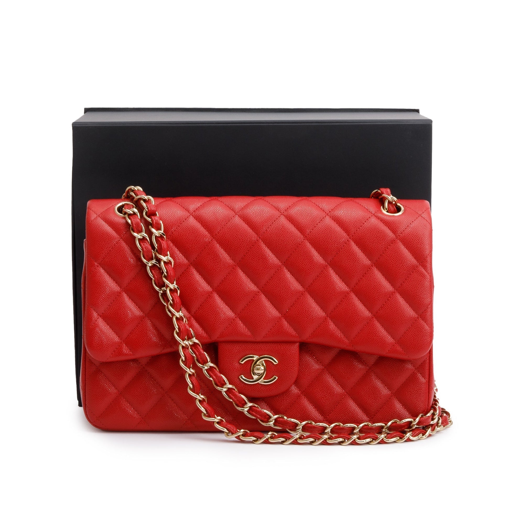 Chanel Quilted Caviar Jumbo Double Flap Leather Red Travel Bag