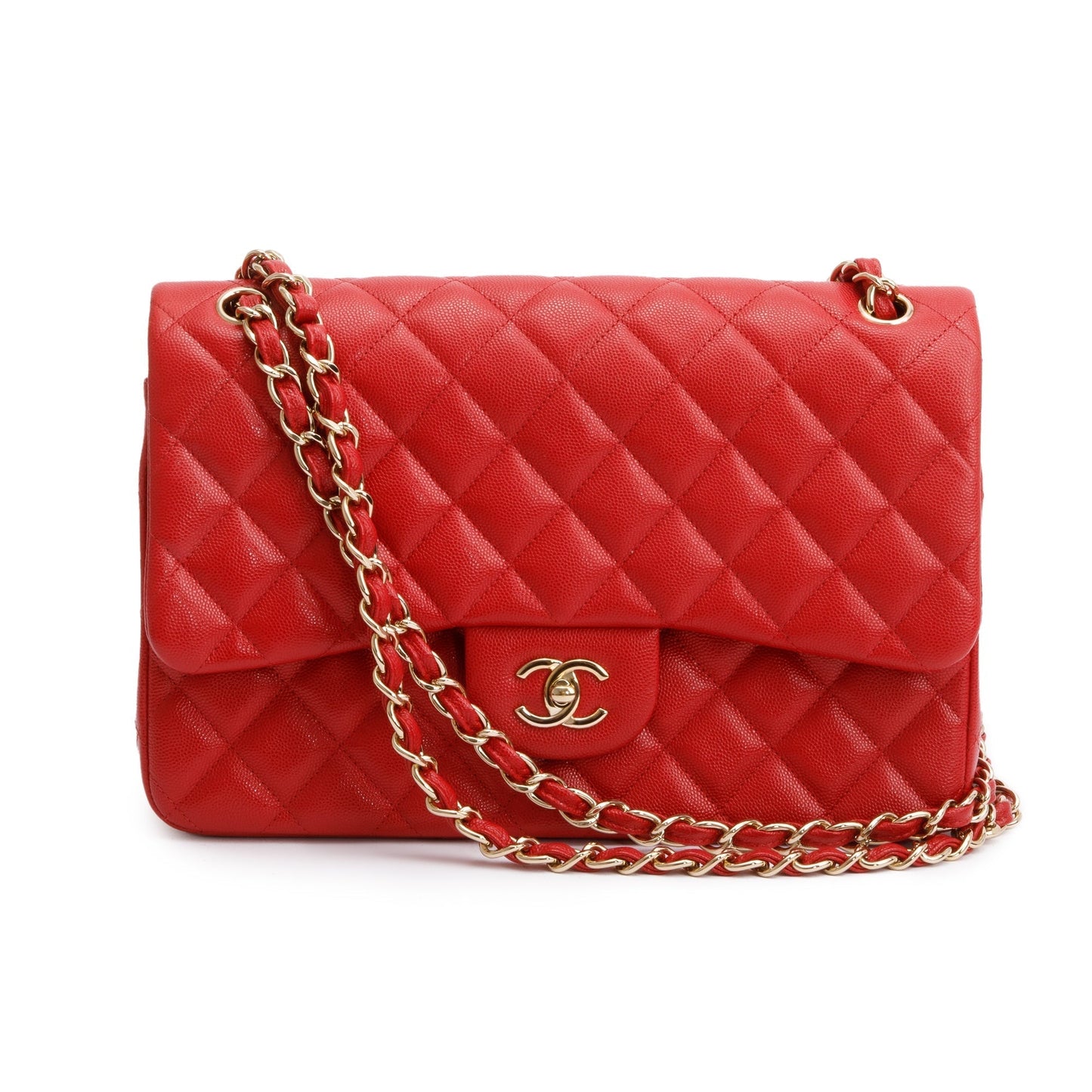 Chanel Quilted Caviar Jumbo Double Flap Leather Red Travel Bag