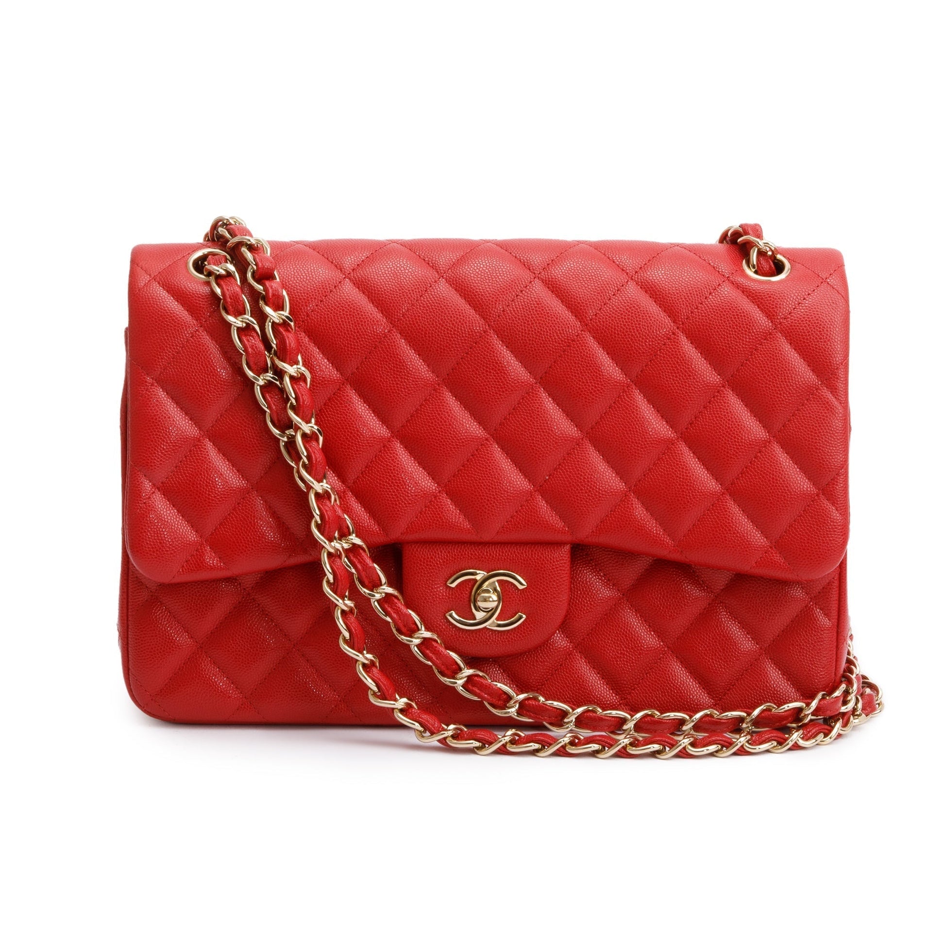 Chanel Quilted Caviar Jumbo Double Flap Leather Red Travel Bag