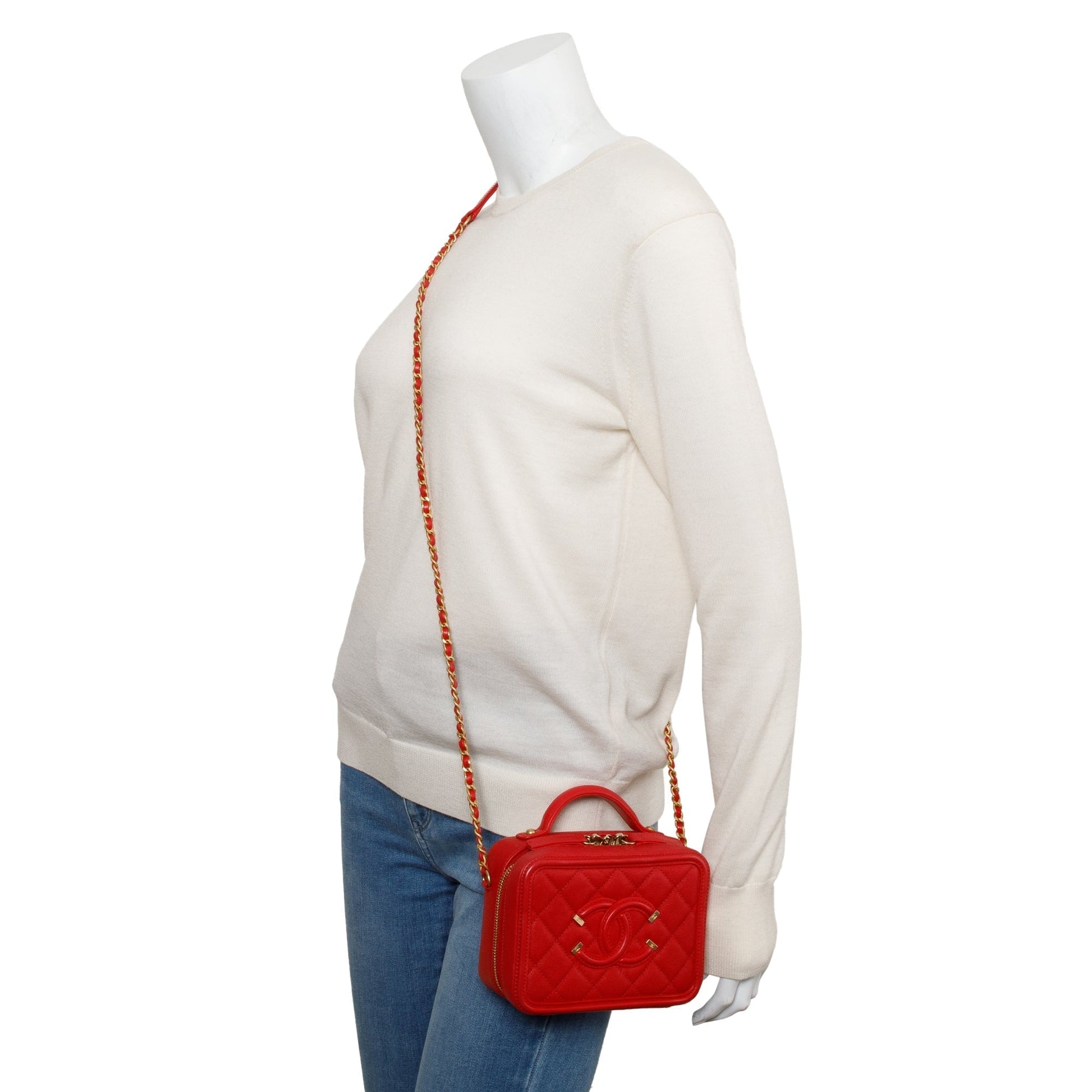 Chanel Quilted Caviar CC Filigree Vanity Leather Red Travel Bag