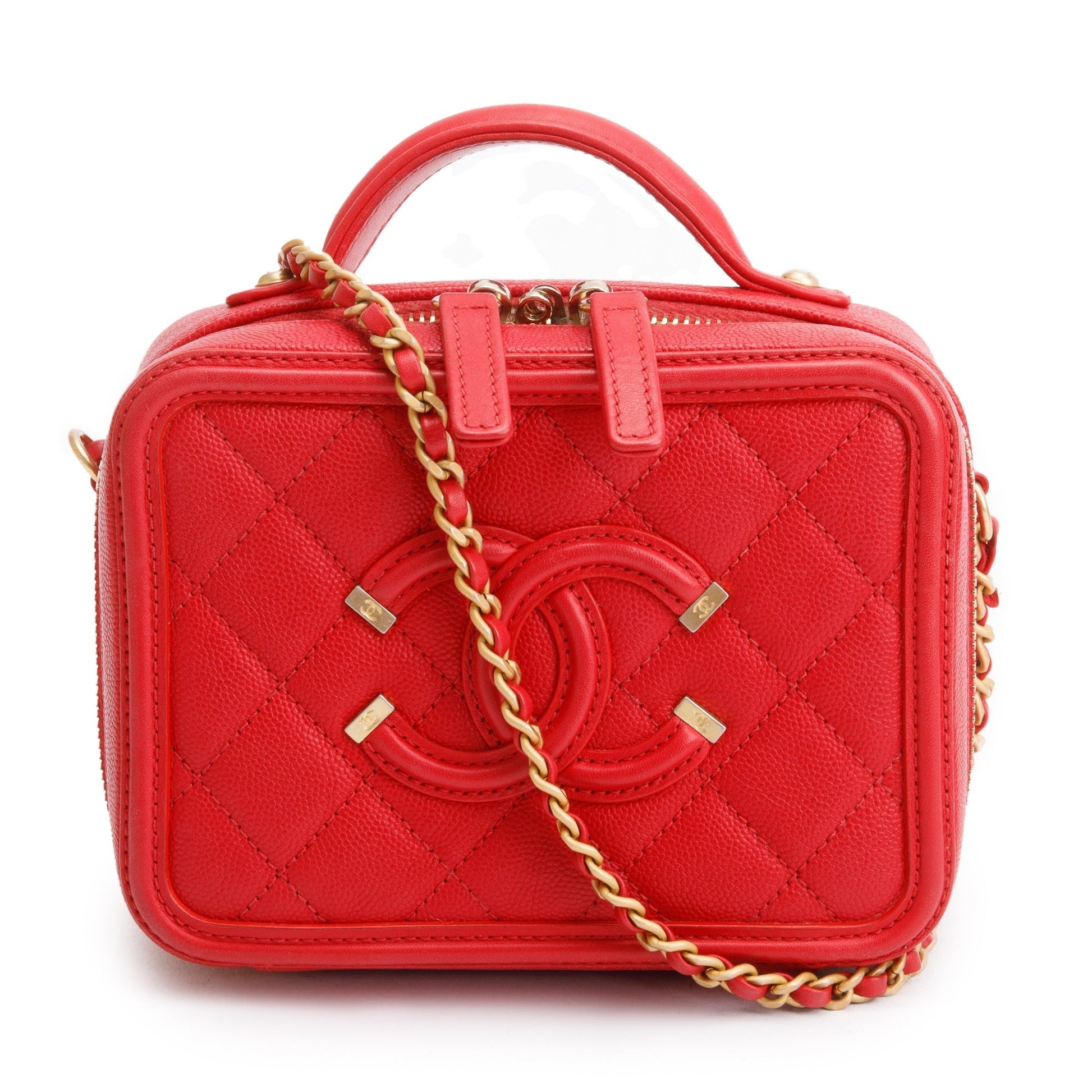 Chanel Quilted Caviar CC Filigree Vanity Leather Red Travel Bag
