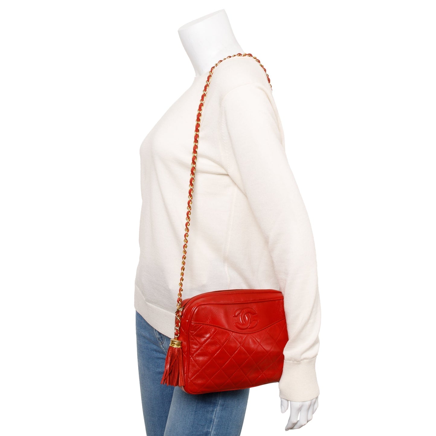 Chanel Quilted CC Tassel Camera Leather Red Travel Bag