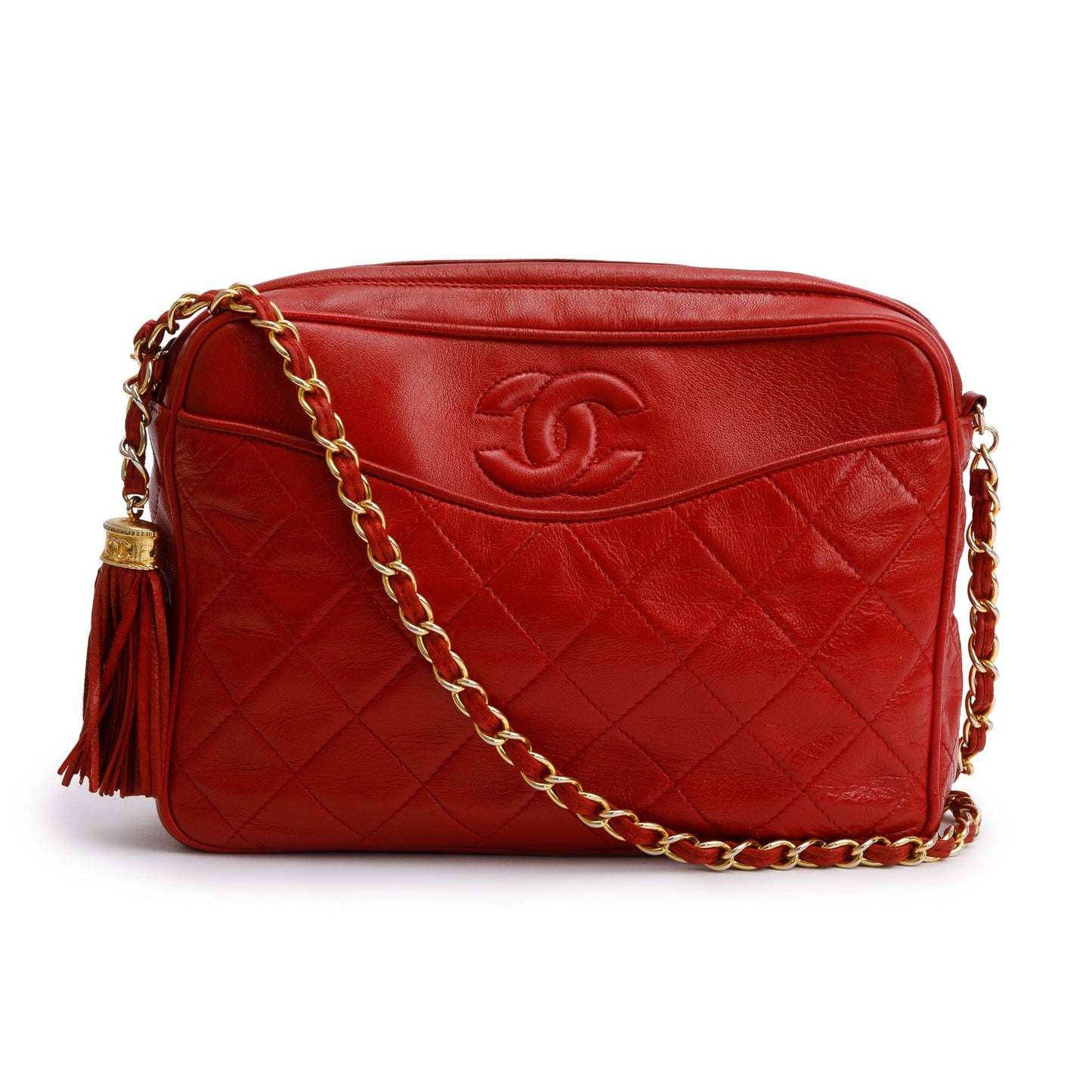 Chanel Quilted CC Tassel Camera Leather Red Travel Bag