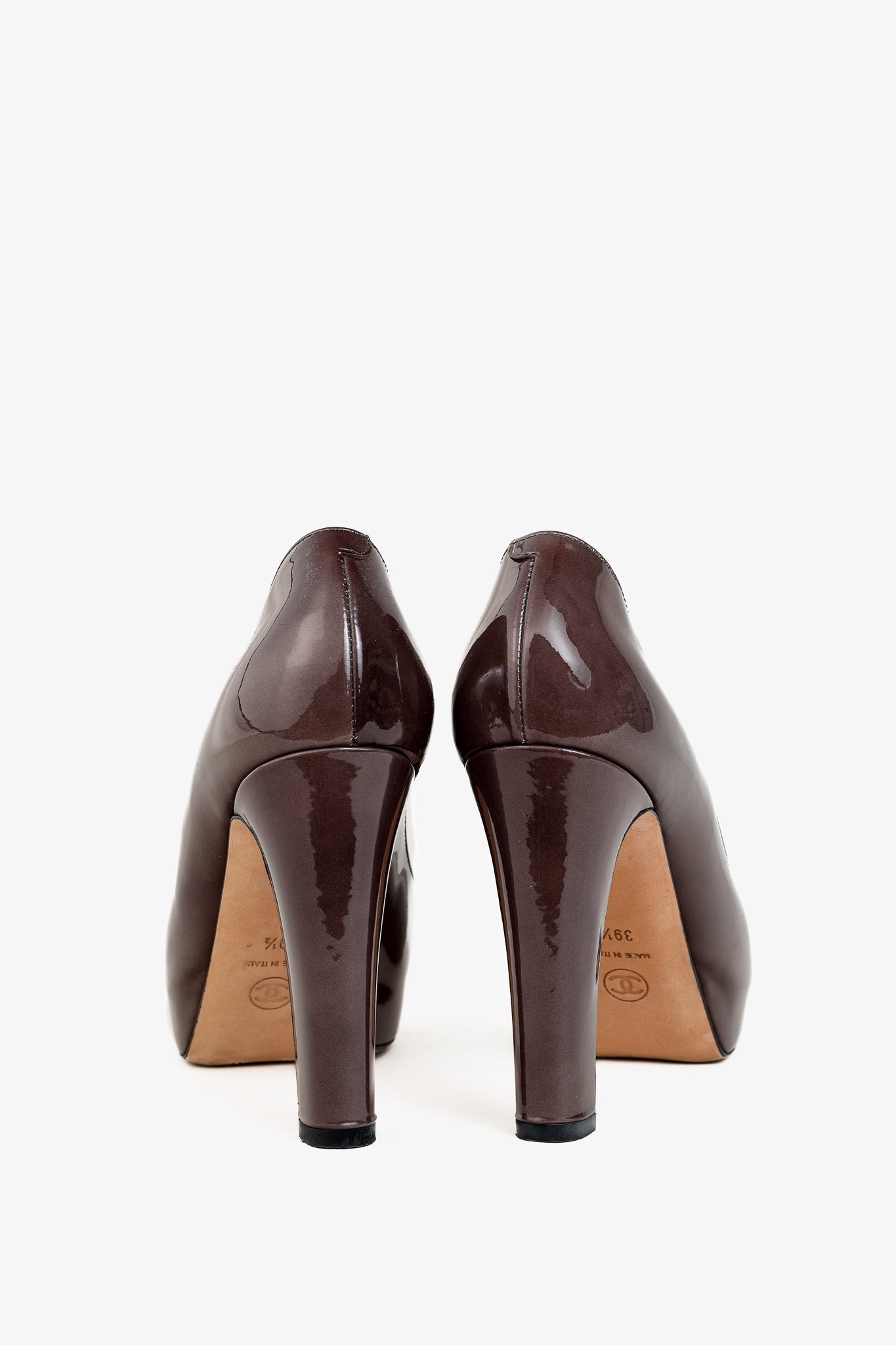 Chanel Brown Patent Leather Platform Pumps Women Shoes