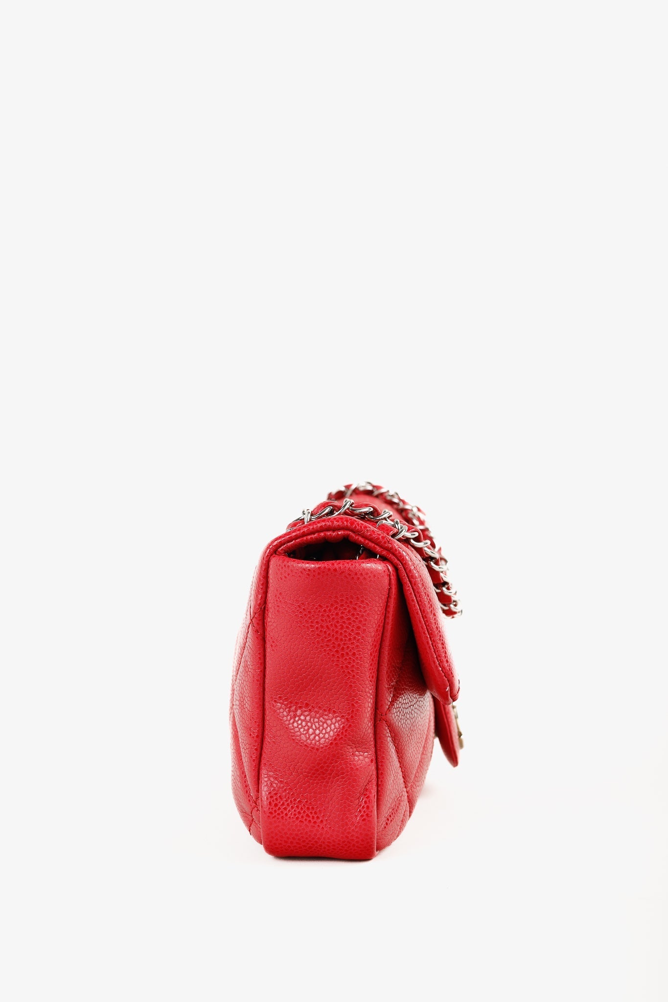 Chanel Red Quilted Glazed Caviar Leather Silver Tone CC Logo Flap Handbag
