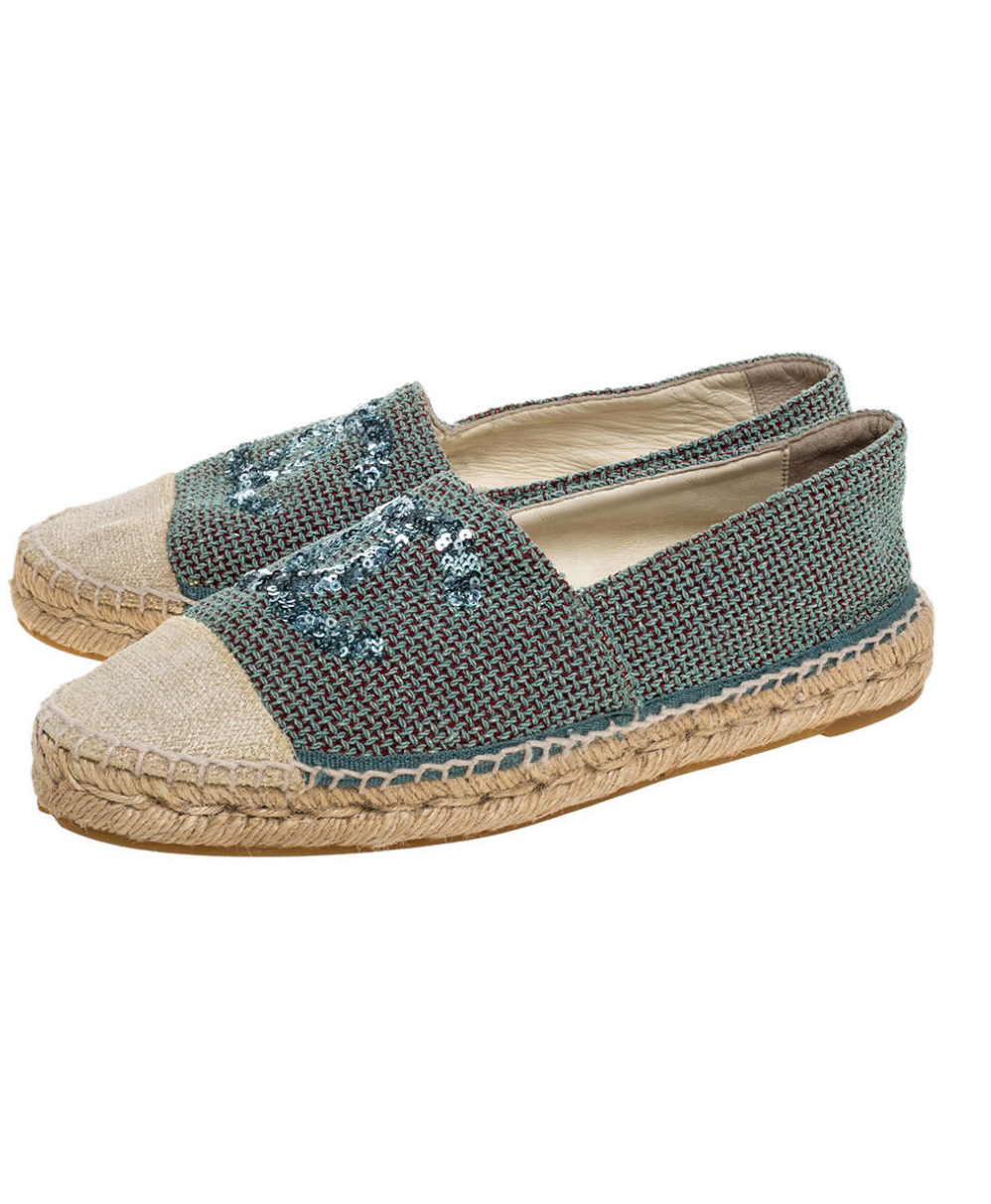 Chanel Green/Beige Canvas Sequin Cc Espadrille Flats Bag