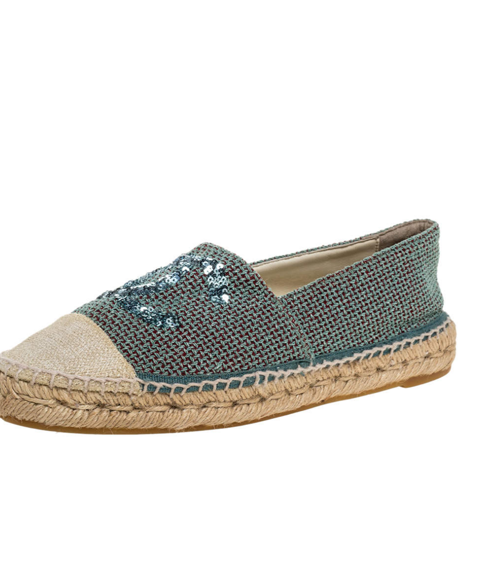 Chanel Green/Beige Canvas Sequin Cc Espadrille Flats Bag