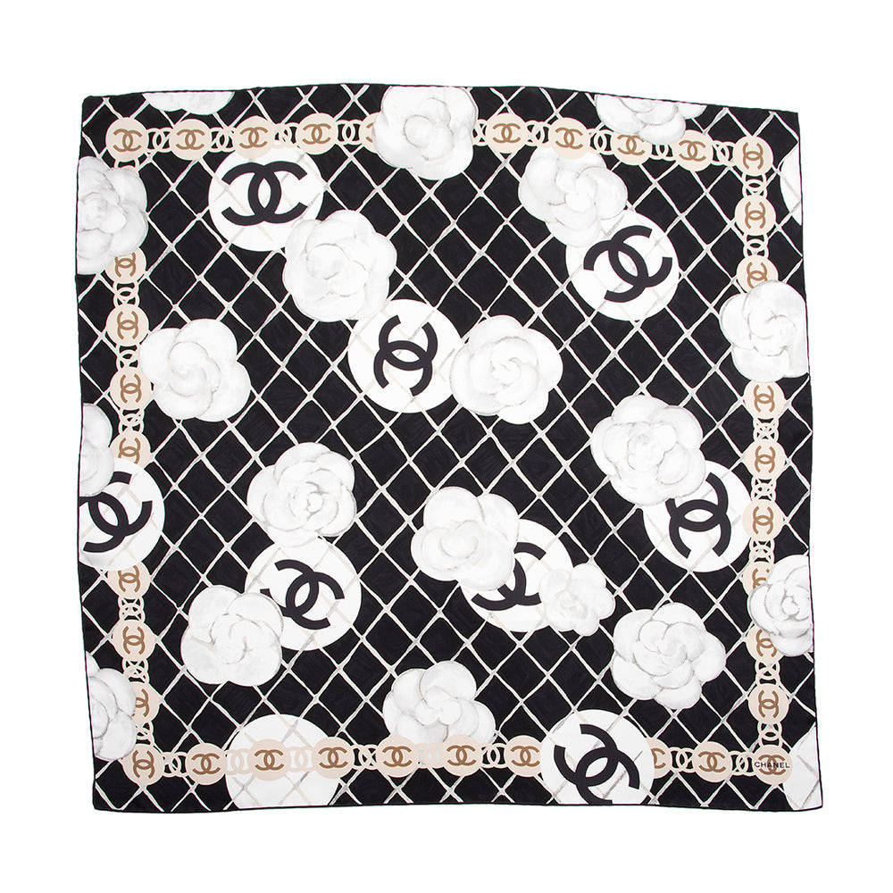 Chanel Silk Camellia CC Square Scarf SHF
