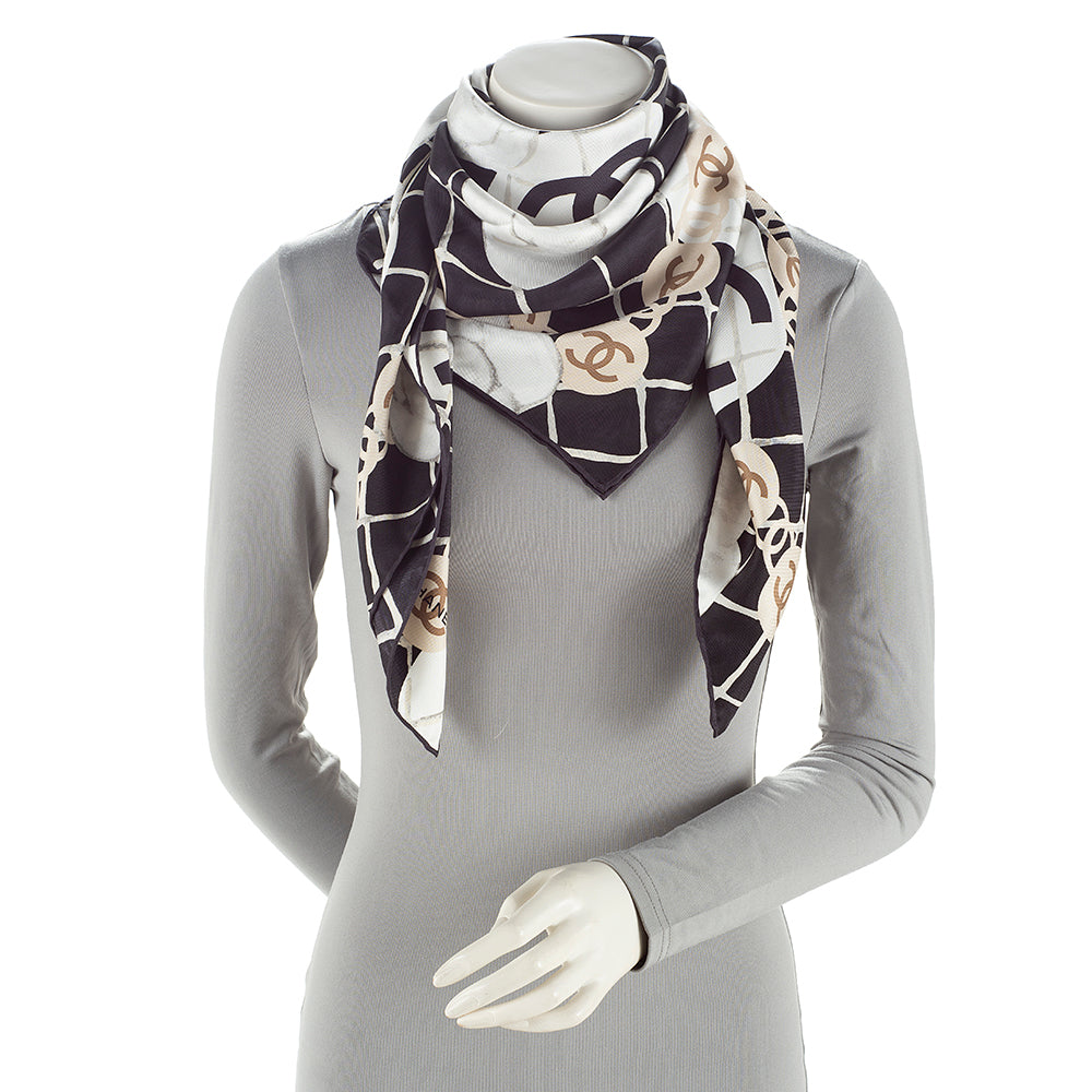 Chanel Silk Camellia CC Square Scarf SHF