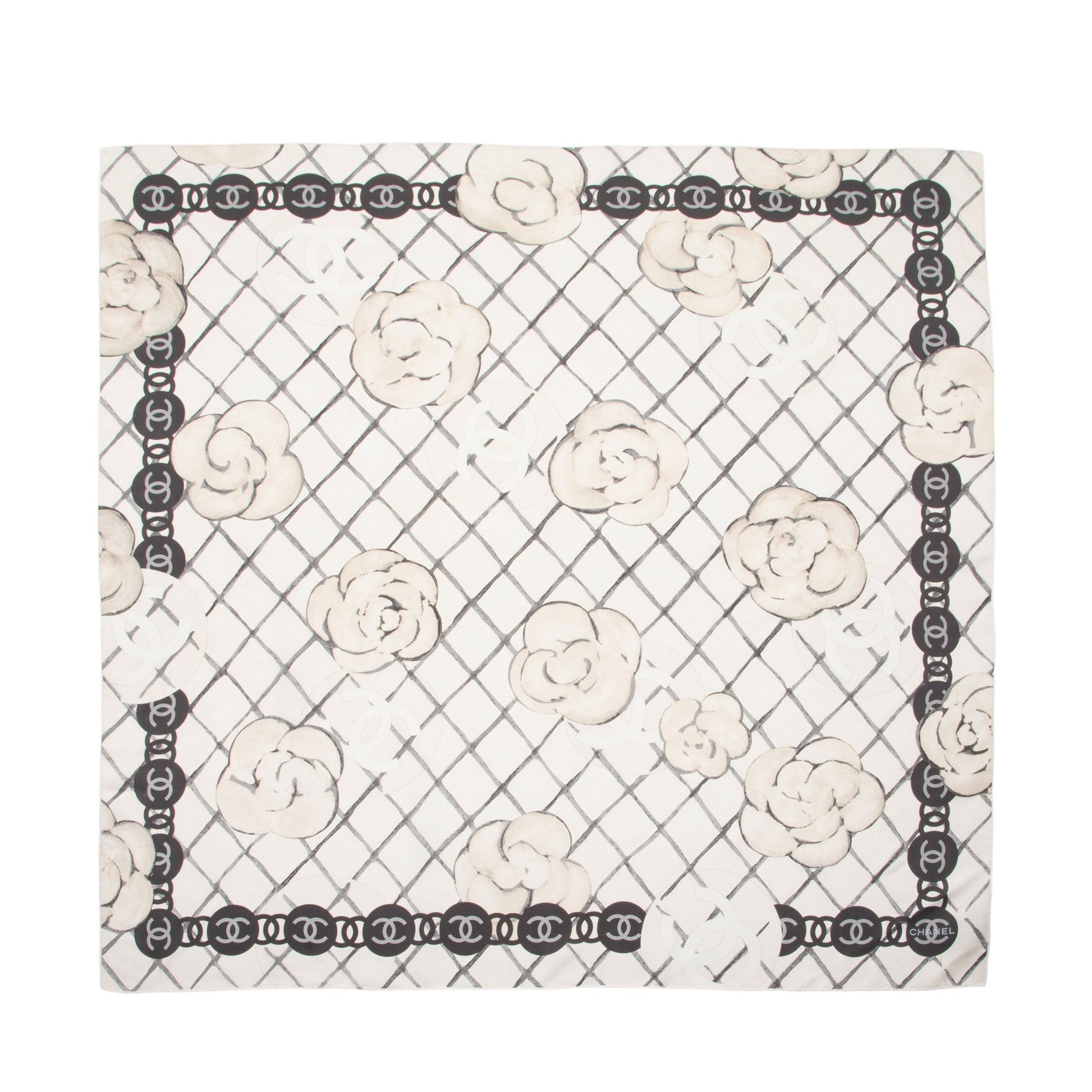Chanel Silk Camellia CC Square Scarf SHF-uNAJam