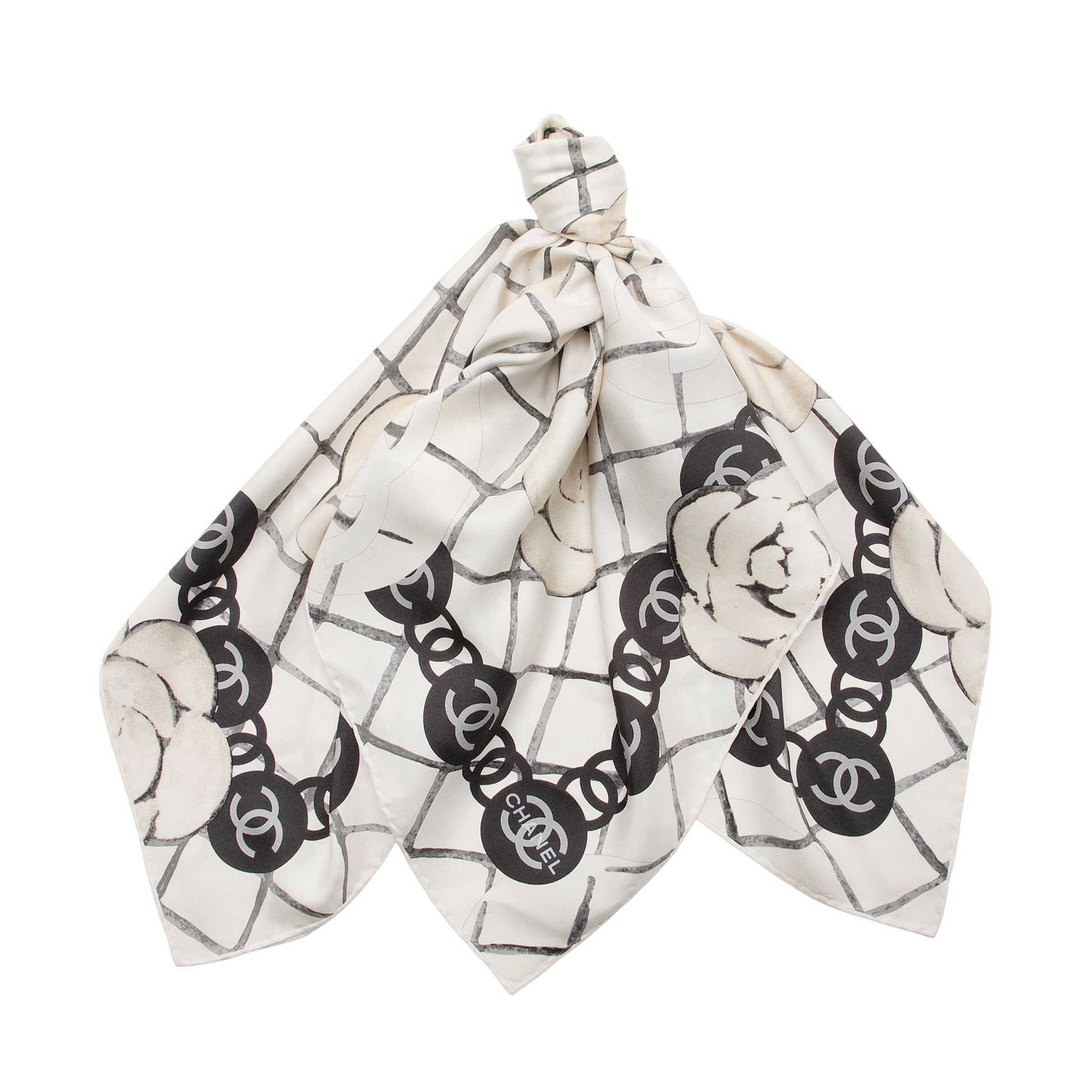Chanel Silk Camellia CC Square Scarf SHF-uNAJam