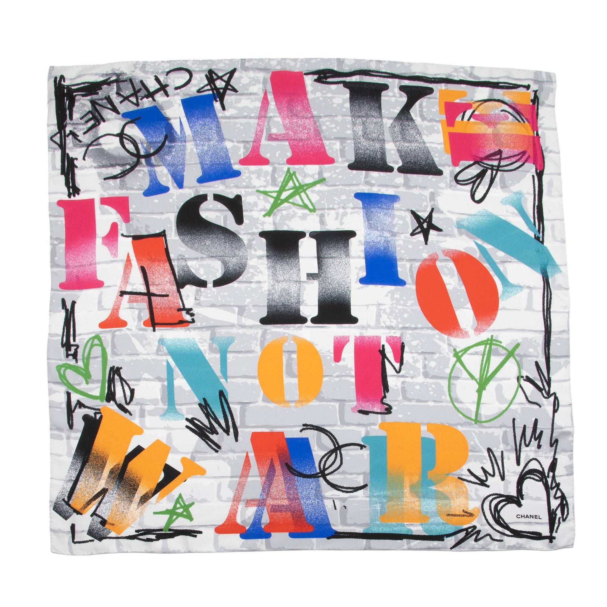 Chanel Silk Make Fashion Not War Graffiti Scarf
