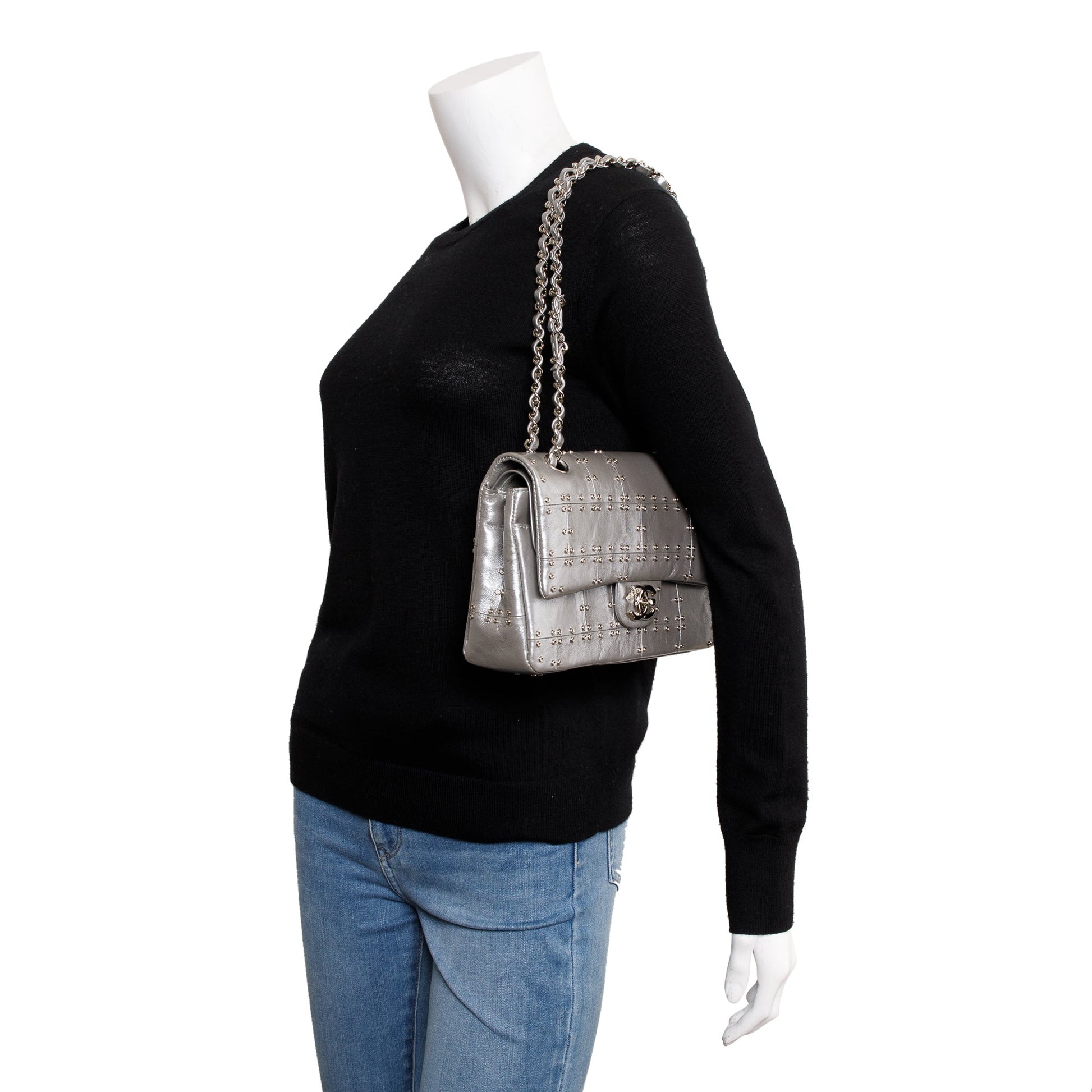 Louis Vuitton Chanel Grommet Airline Double Flap Leather Calfskin Silver Travel Bag